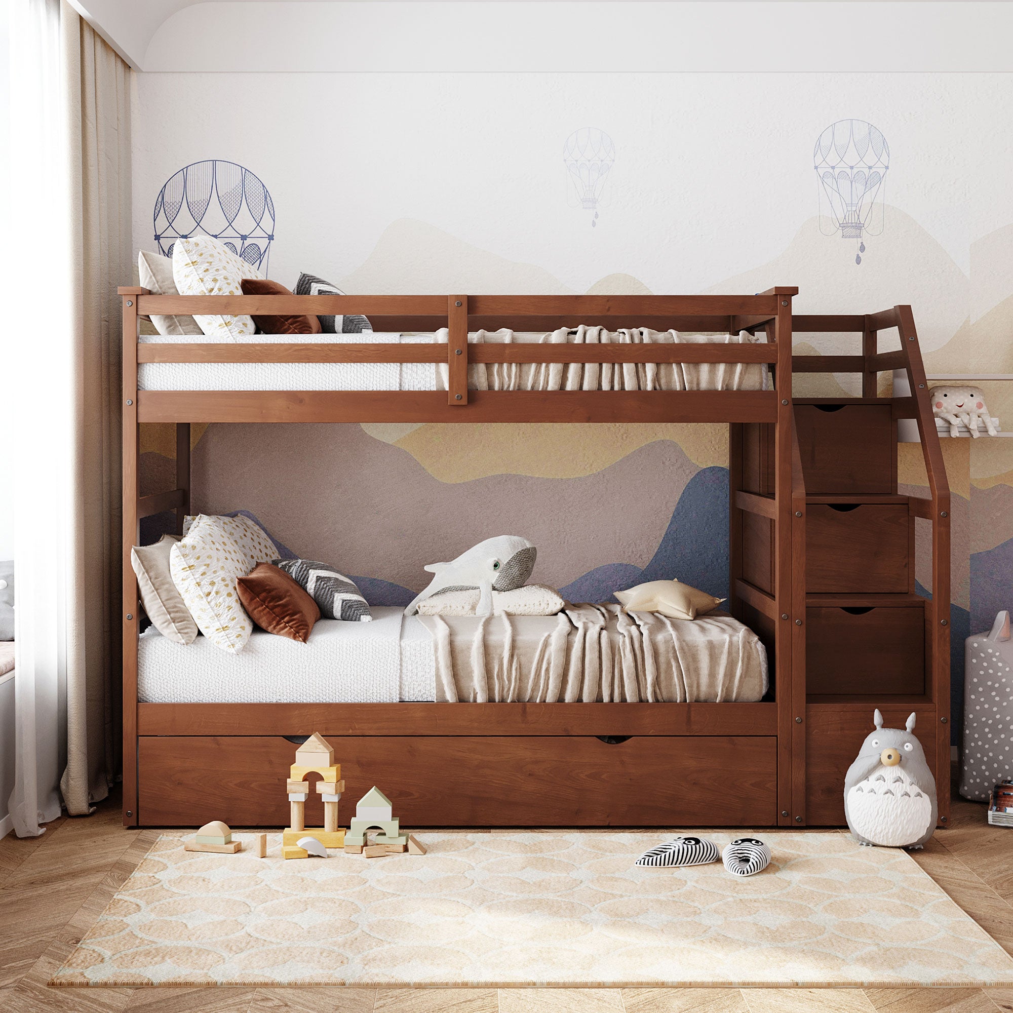 Twin-Over-Twin Bunk Bed with Twin Size Trundle and 3 Storage Stairs,Walnut