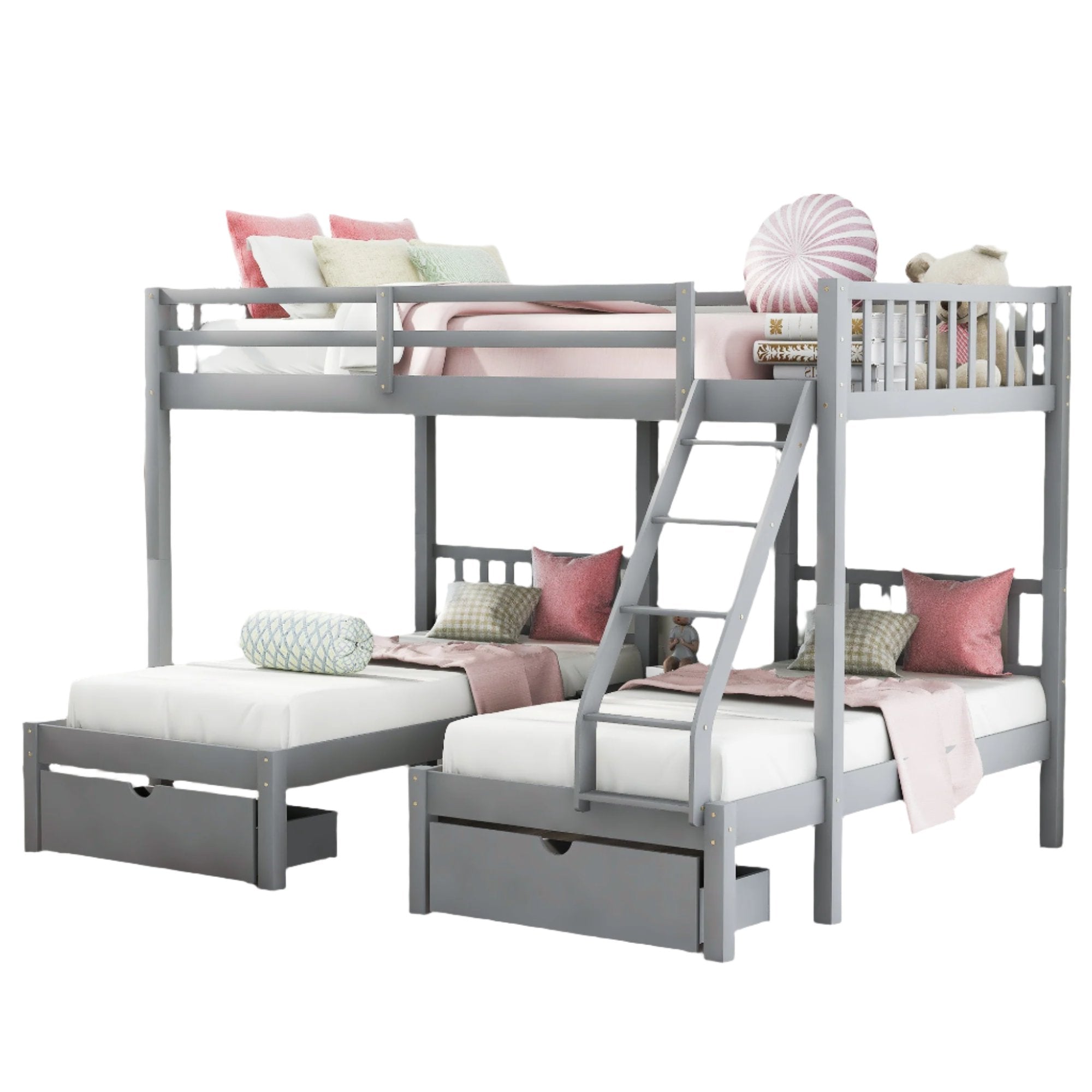 Full Over Twin & Twin Bunk Bed, Wood Triple Bunk Bed with Drawers and Guardrails, Gray