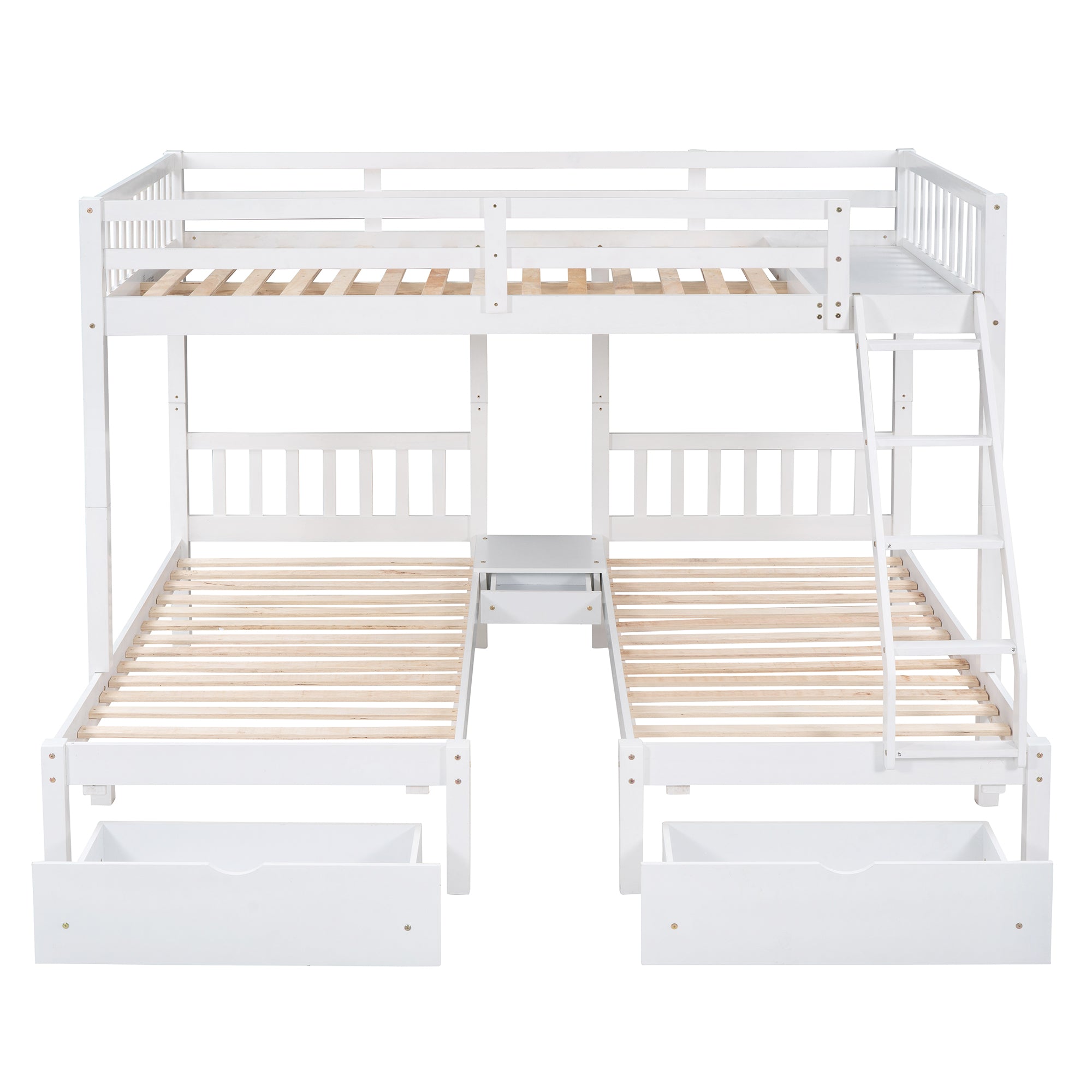 Full Over Twin & Twin Bunk Bed, Wood Triple Bunk Bed with Drawers and Guardrails, White