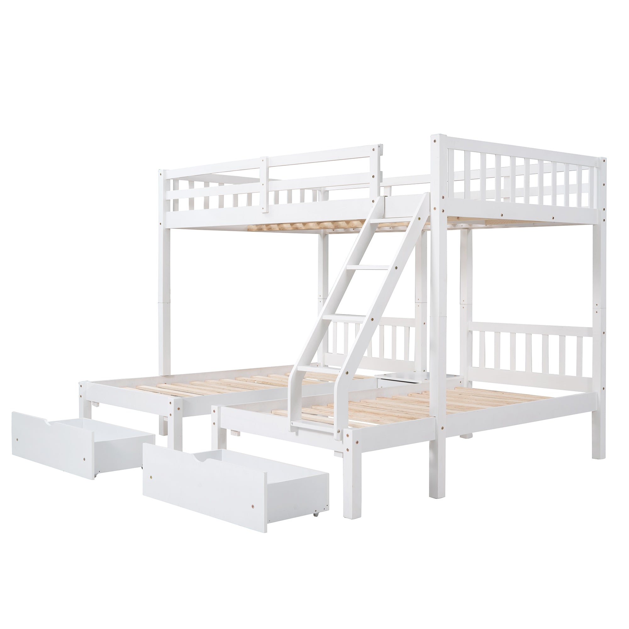 Full Over Twin & Twin Bunk Bed, Wood Triple Bunk Bed with Drawers and Guardrails, White