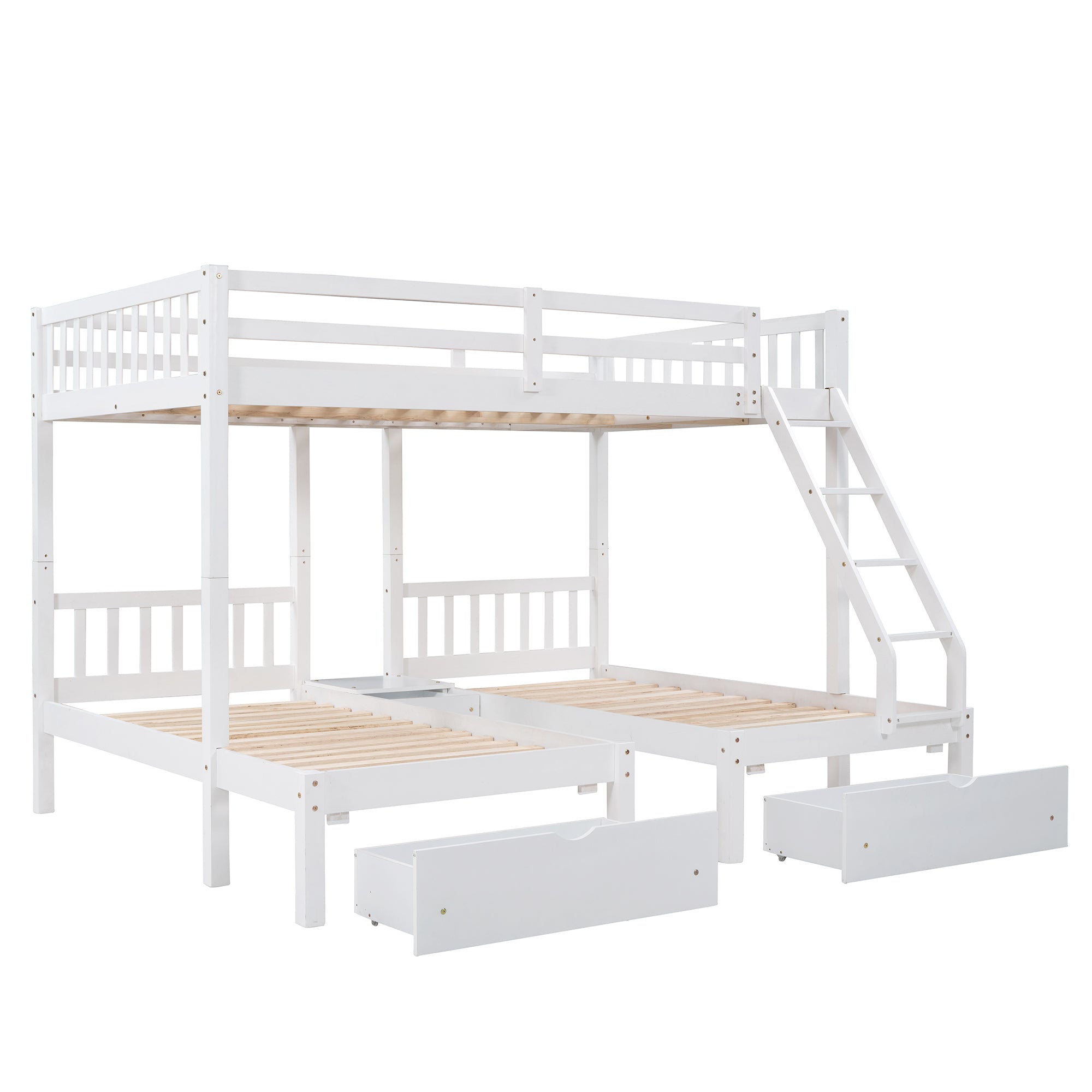 Full Over Twin & Twin Bunk Bed, Wood Triple Bunk Bed with Drawers and Guardrails, White