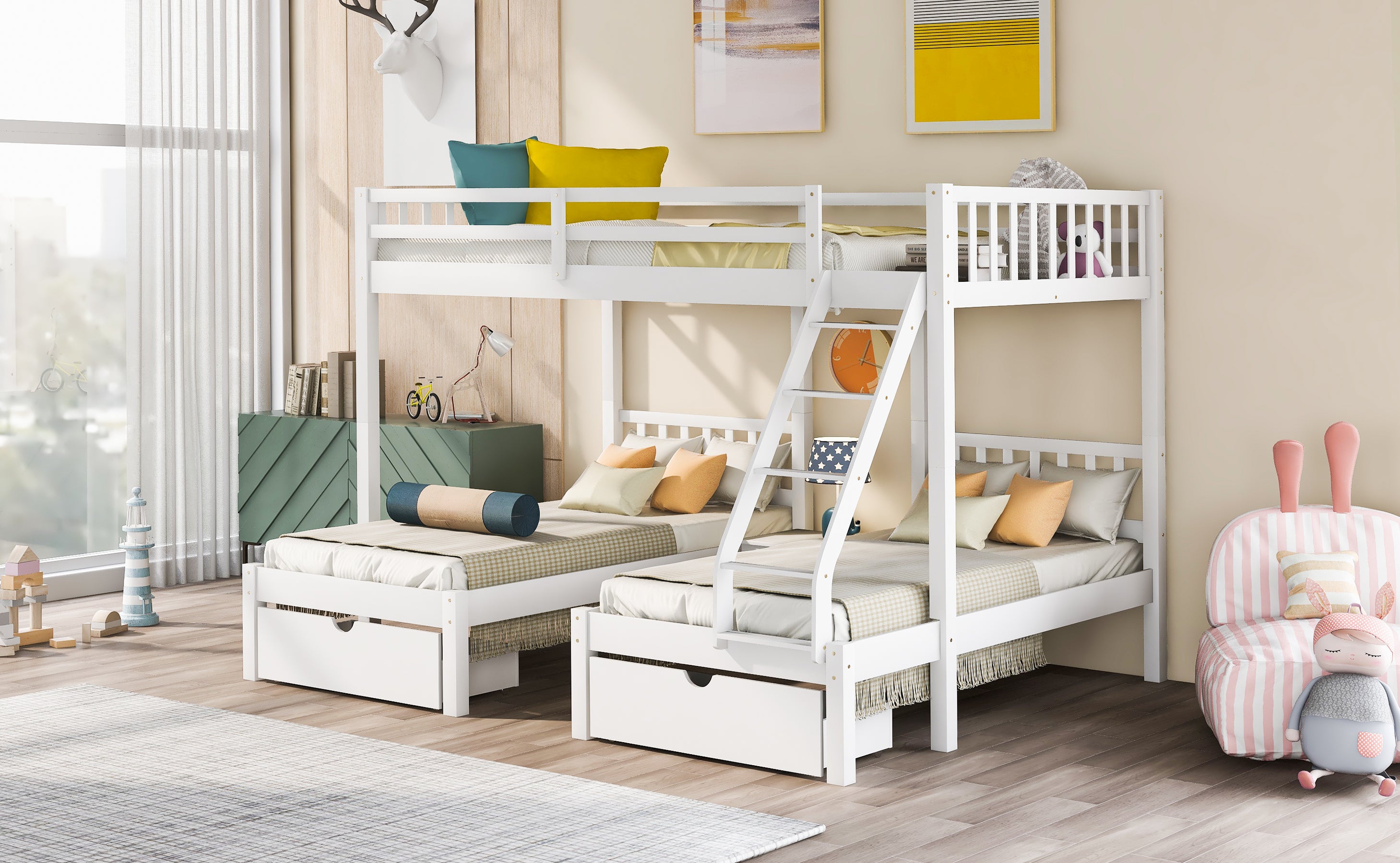 Full Over Twin & Twin Bunk Bed, Wood Triple Bunk Bed with Drawers and Guardrails, White