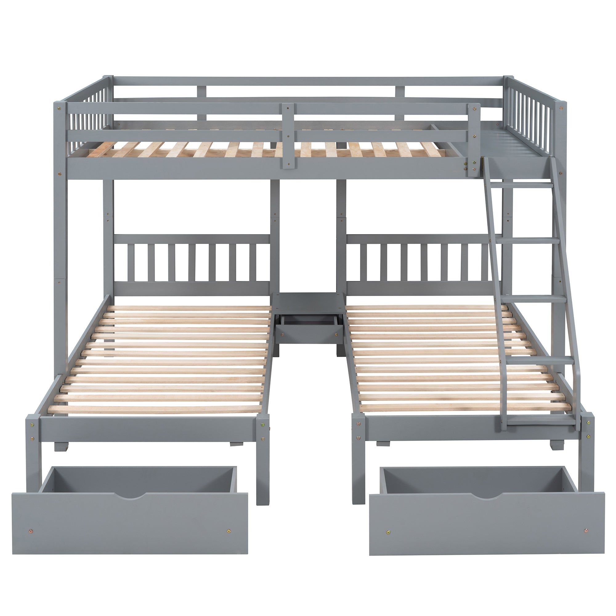 Full Over Twin & Twin Bunk Bed, Wood Triple Bunk Bed with Drawers and Guardrails, Gray