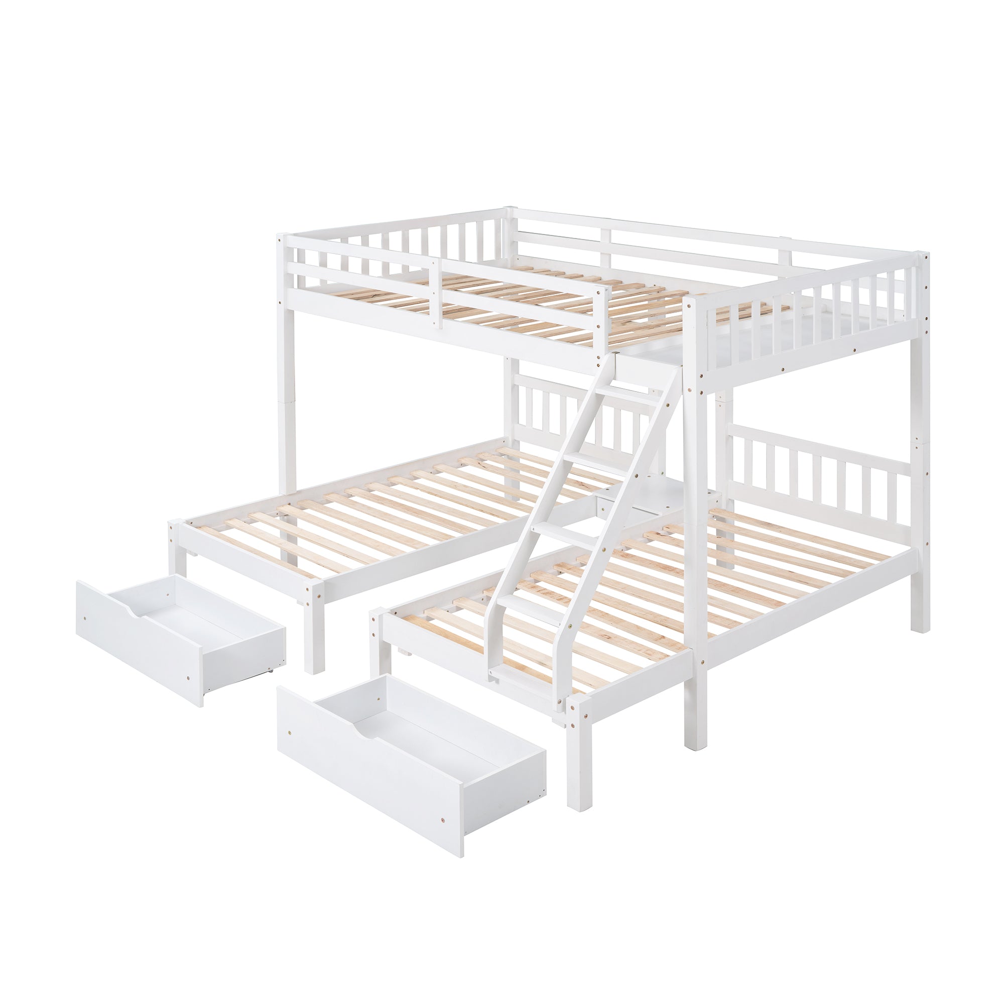 Full Over Twin & Twin Bunk Bed, Wood Triple Bunk Bed with Drawers and Guardrails, White