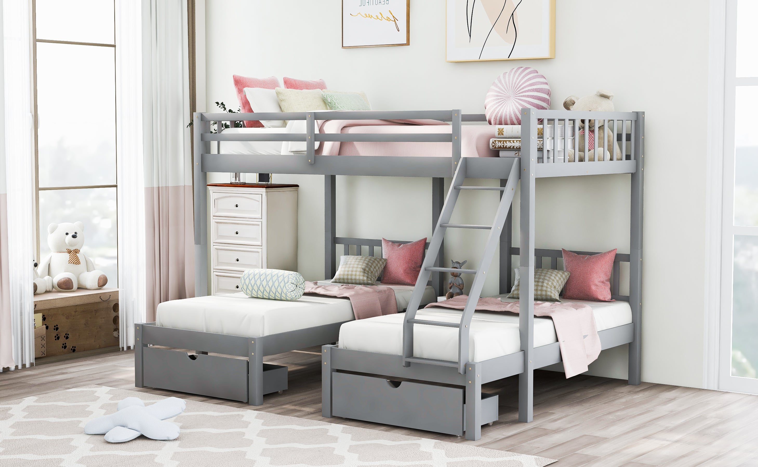 Full Over Twin & Twin Bunk Bed, Wood Triple Bunk Bed with Drawers and Guardrails, Gray