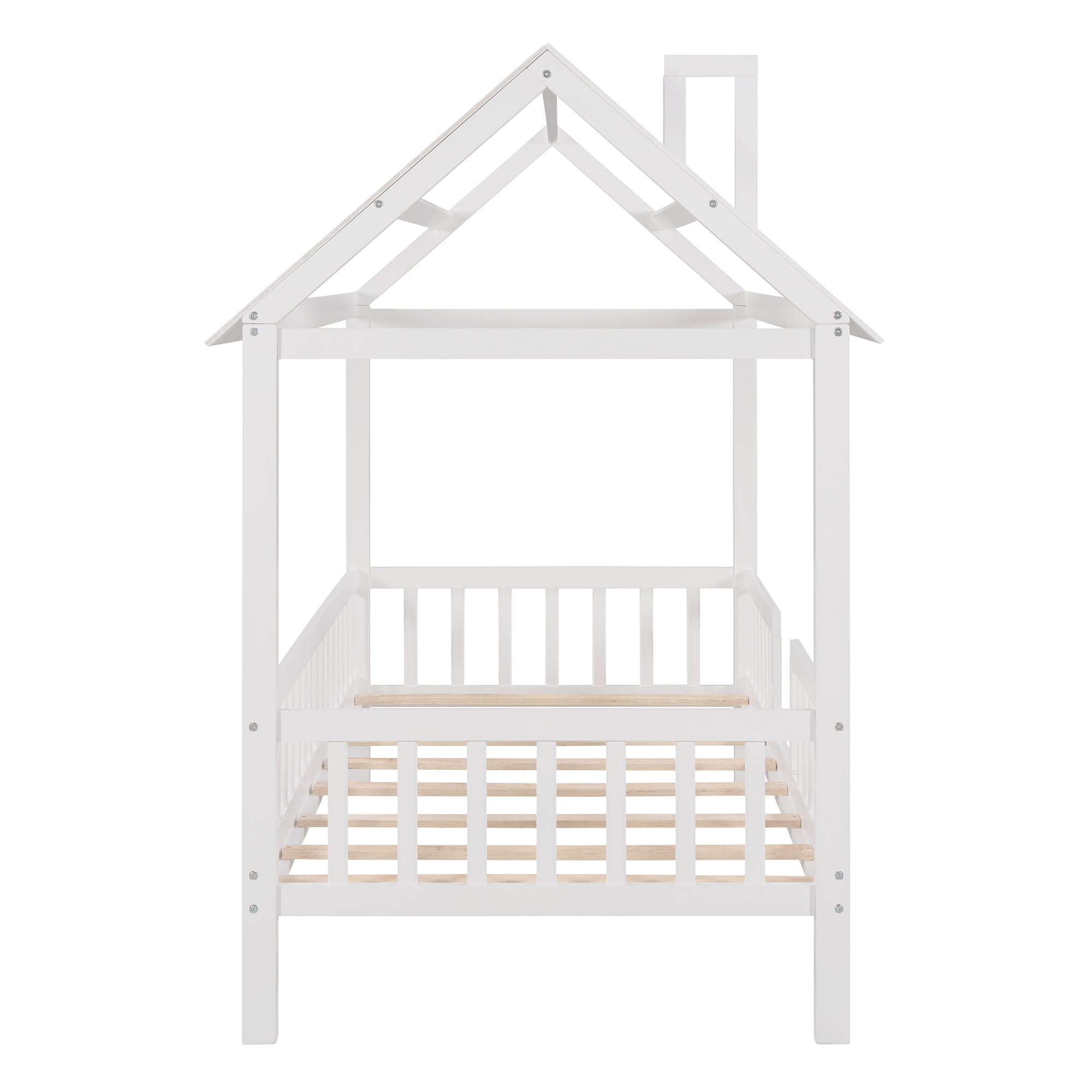 Twin Size Wood House Bed with Fence, White