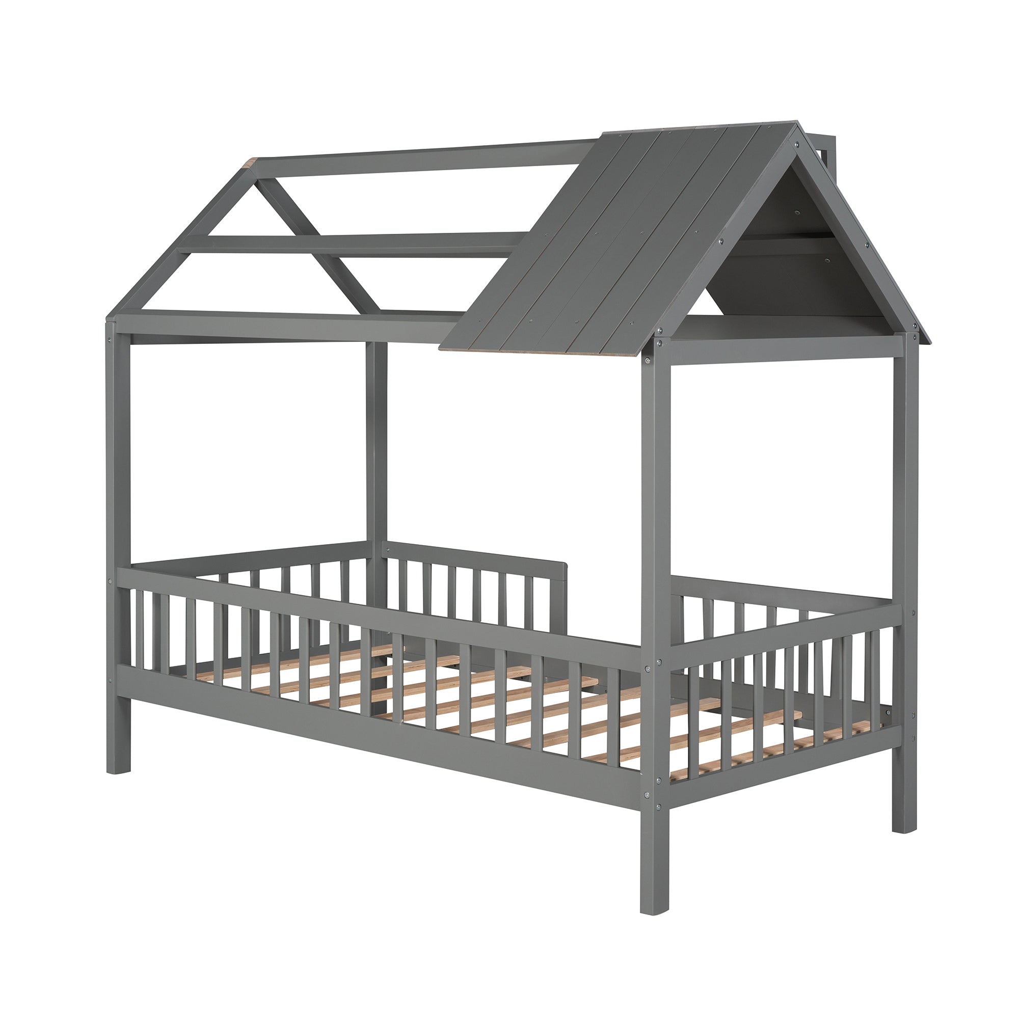 Twin Size Wood House Bed with Fence, Gray