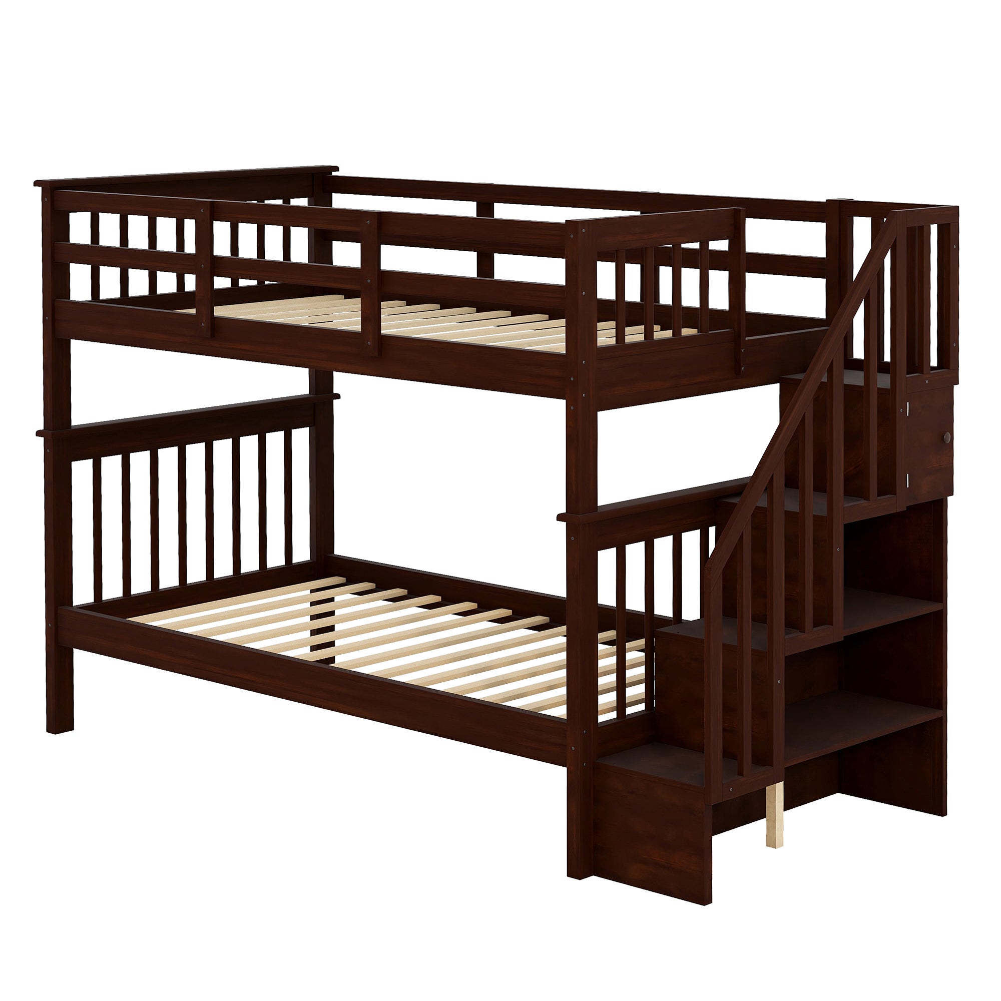 Stairway Twin-Over-Twin Bunk Bed with Storage and Guard Rail for Bedroom, Dorm, Espresso color