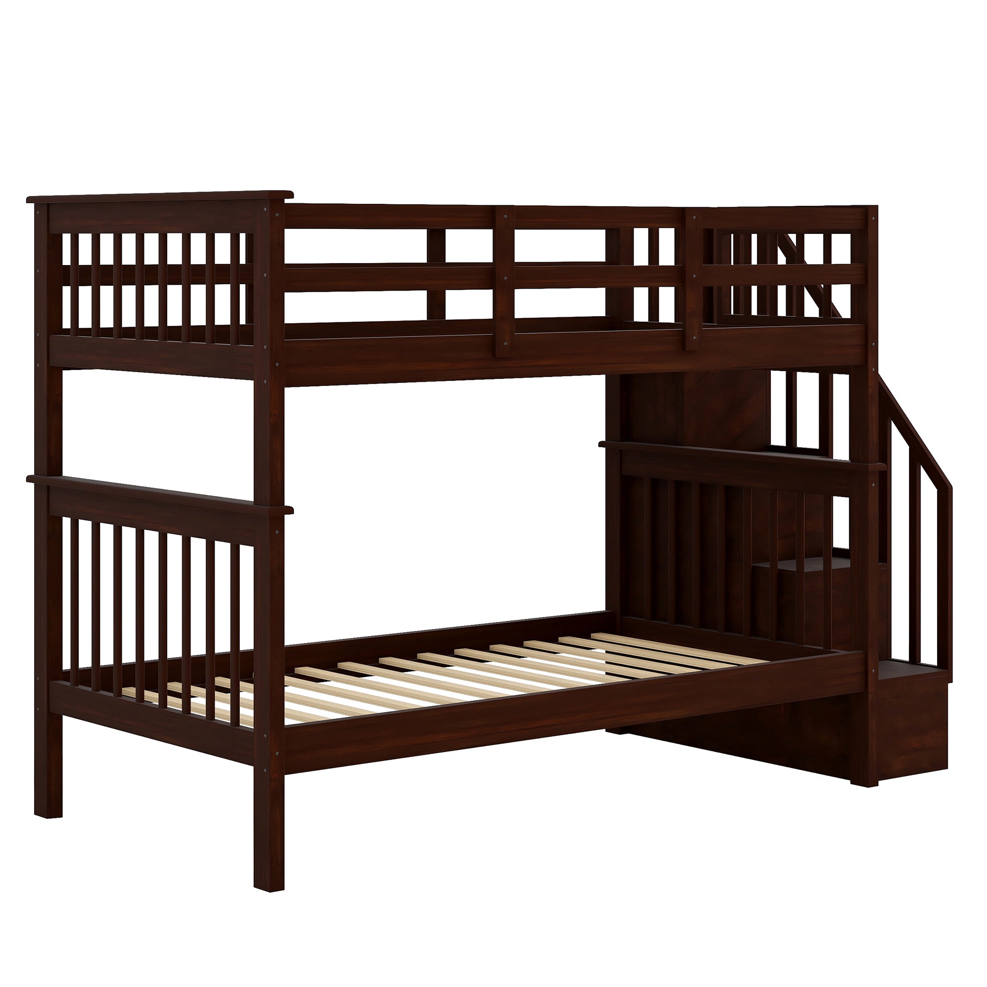 Stairway Twin-Over-Twin Bunk Bed with Storage and Guard Rail for Bedroom, Dorm, Espresso color