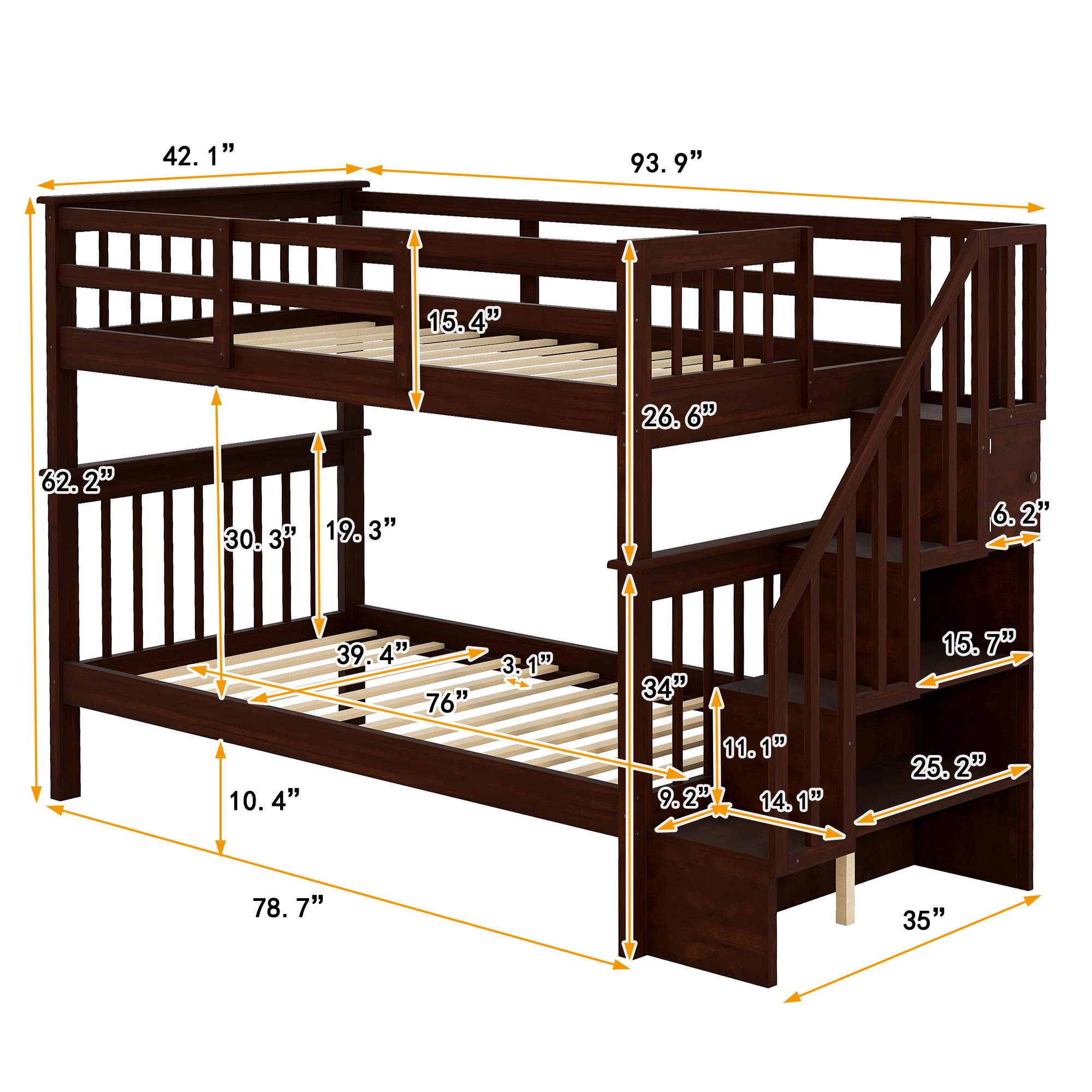 Stairway Twin-Over-Twin Bunk Bed with Storage and Guard Rail for Bedroom, Dorm, Espresso color