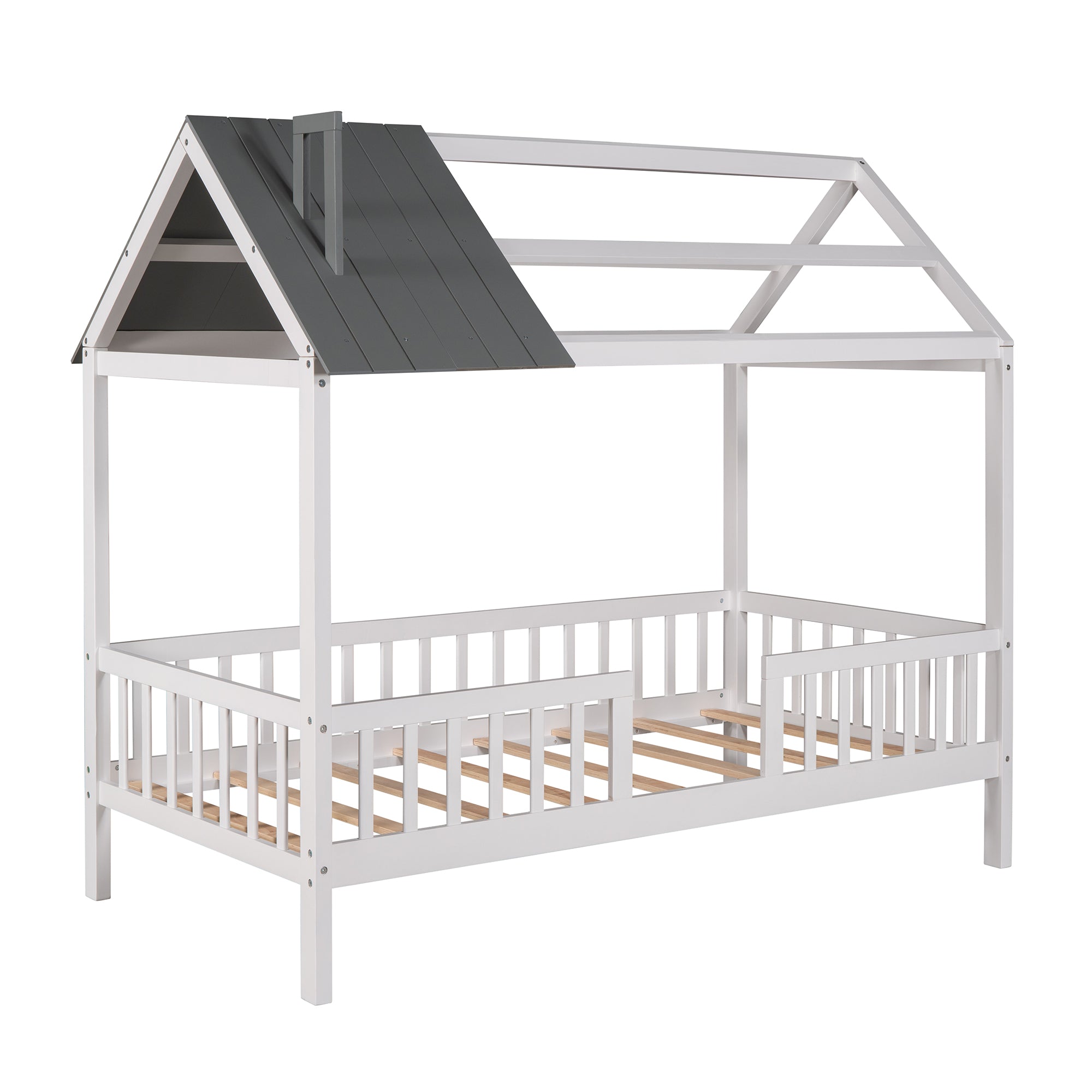 Twin Size Wood House Bed with Fence, White+Gray