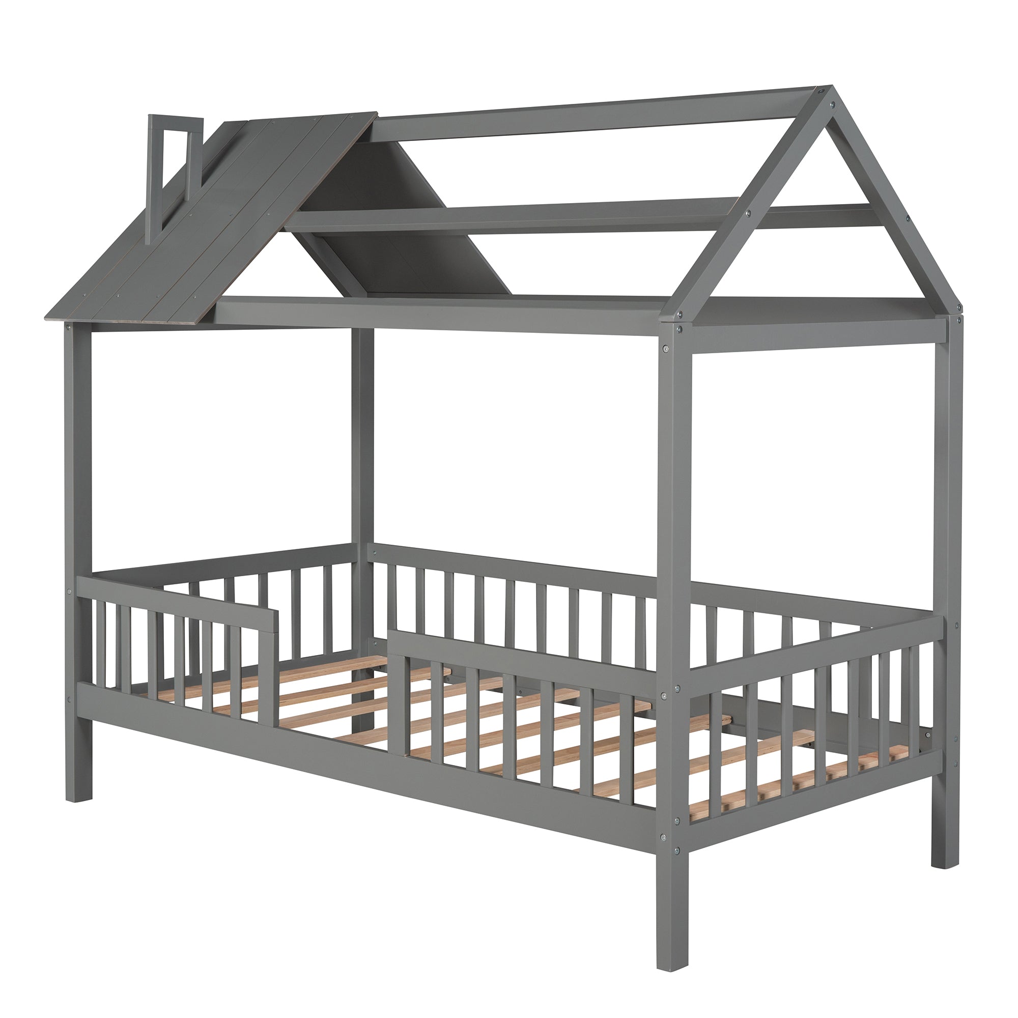 Twin Size Wood House Bed with Fence, Gray