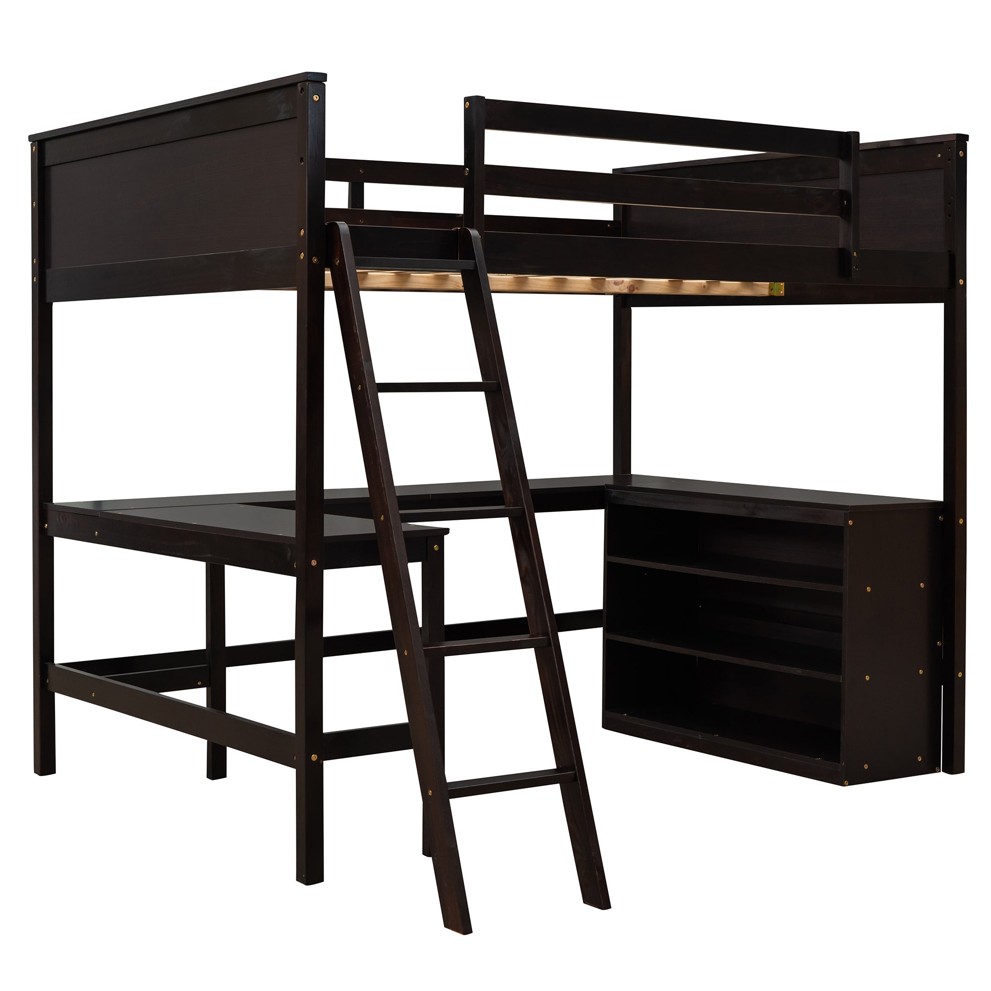 Full size Loft Bed with Shelves and Desk, Wooden Loft Bed with Desk - Espresso