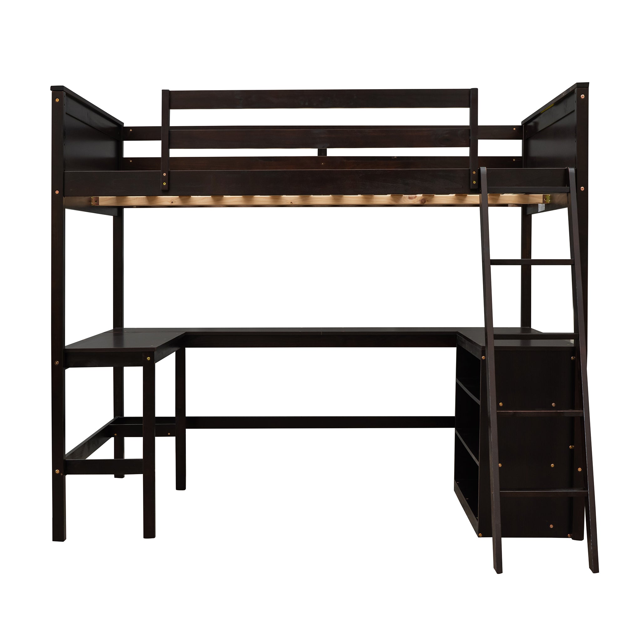 Full size Loft Bed with Shelves and Desk, Wooden Loft Bed with Desk - Espresso