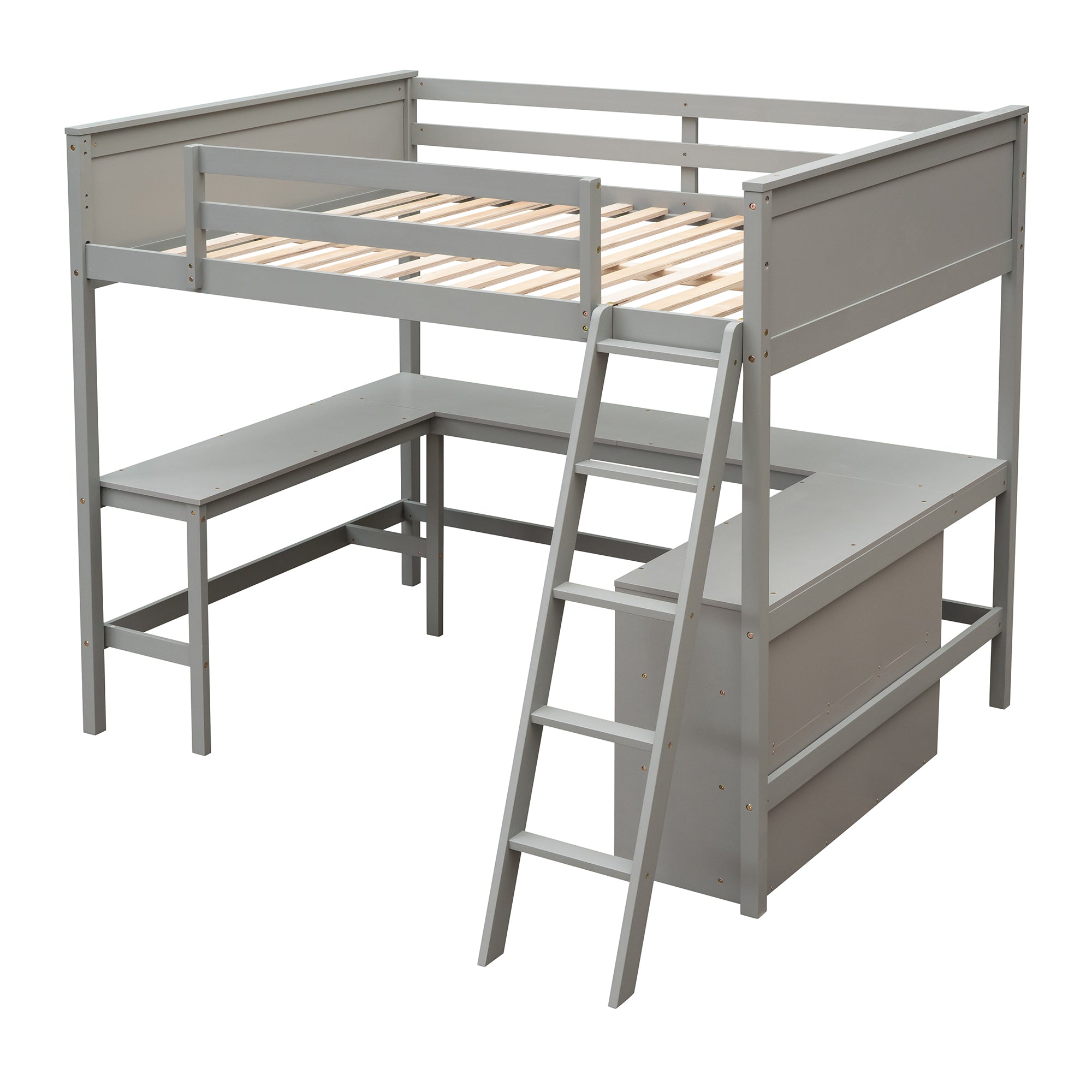 Full size Loft Bed with Shelves and Desk, Wooden Loft Bed with Desk - Gray