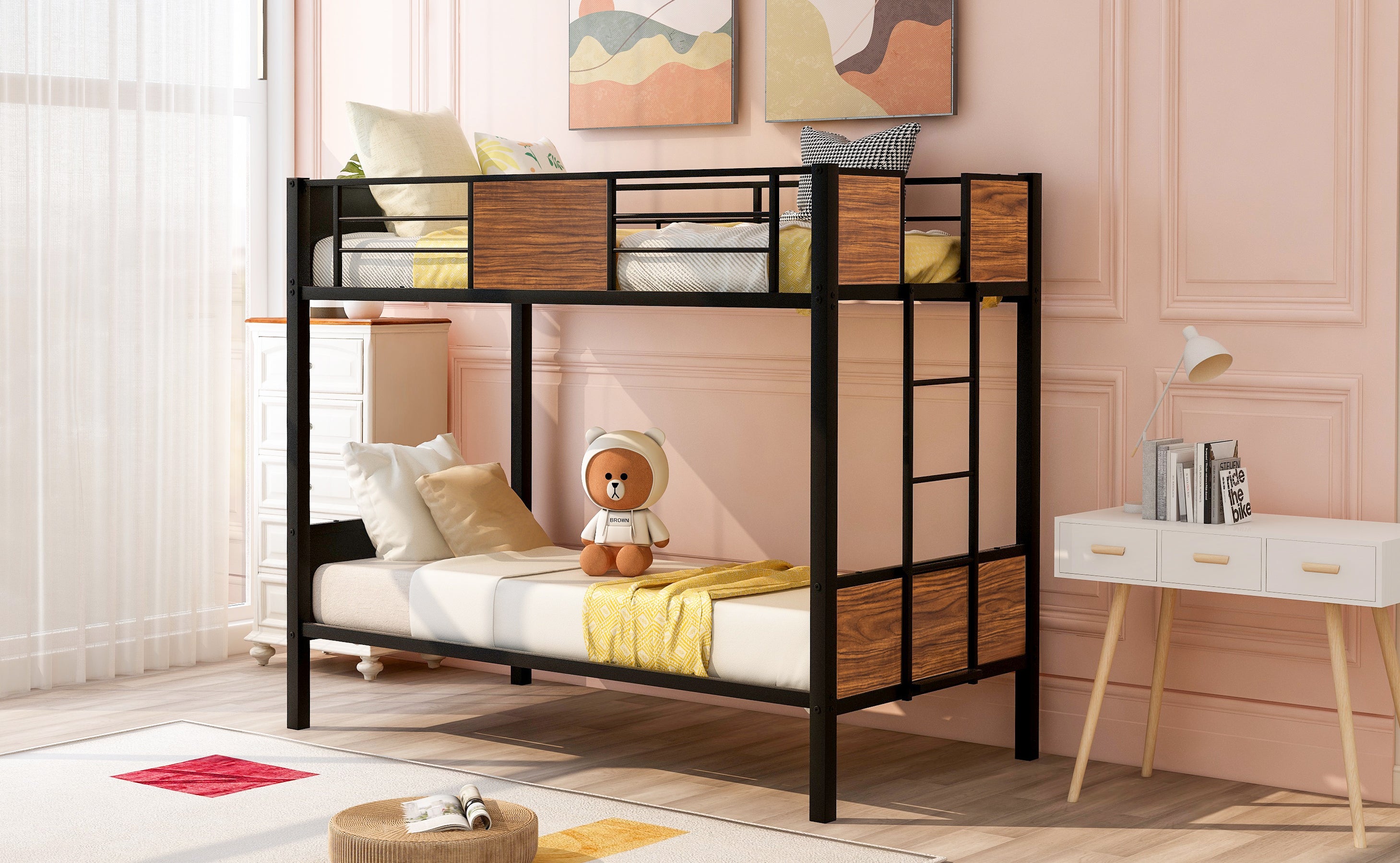 Twin-over-twin bunk bed modern style steel frame bunk bed with safety rail, built-in ladder for bedroom, dorm, boys, girls, adults