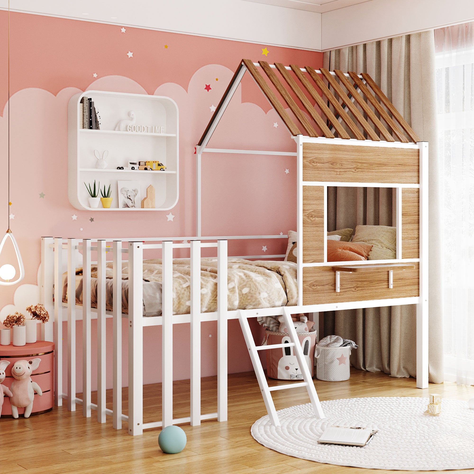 Metal Twin size Loft Bed with Roof, Window, Guardrail, Ladder White