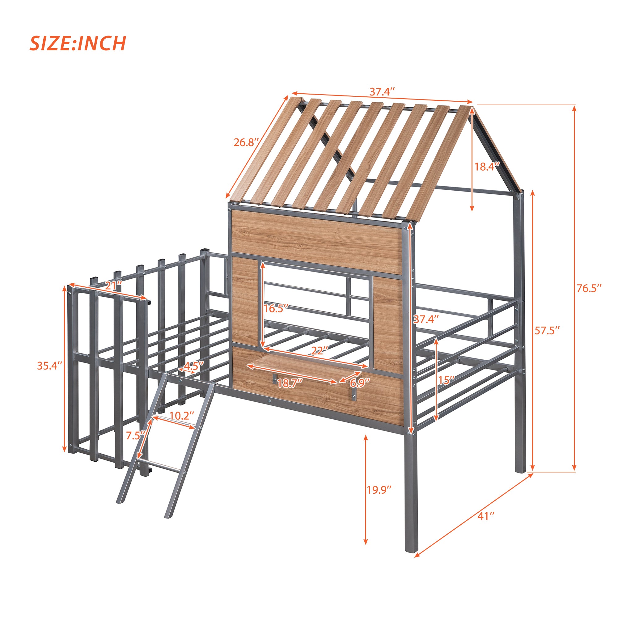 Metal Twin size Loft Bed with Roof, Window, Guardrail, Ladder Silver