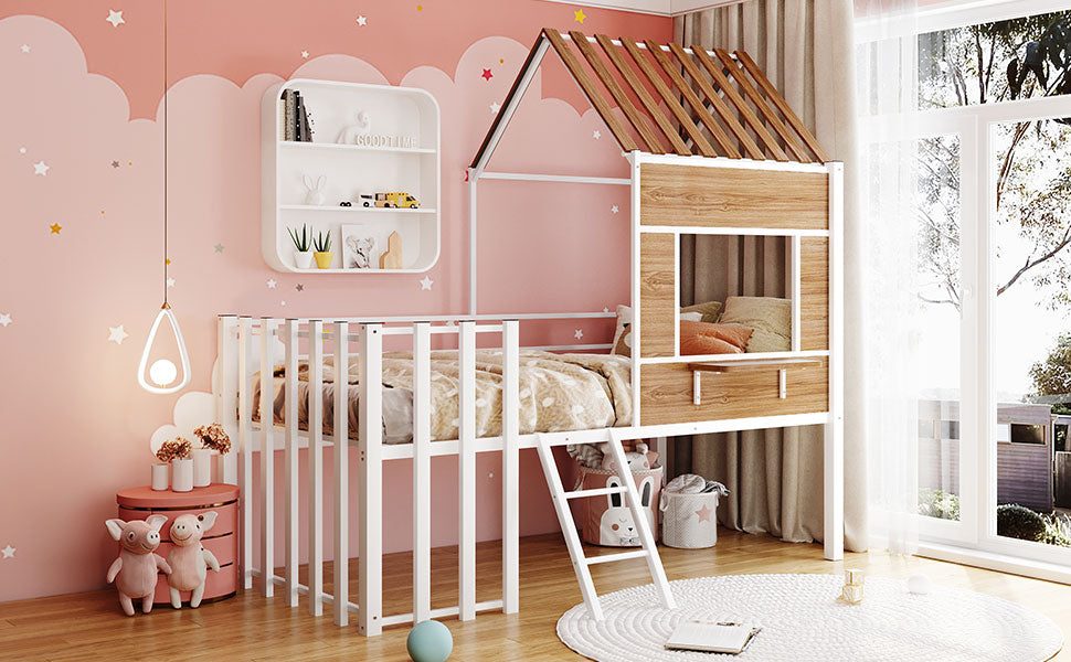 Metal Twin size Loft Bed with Roof, Window, Guardrail, Ladder White