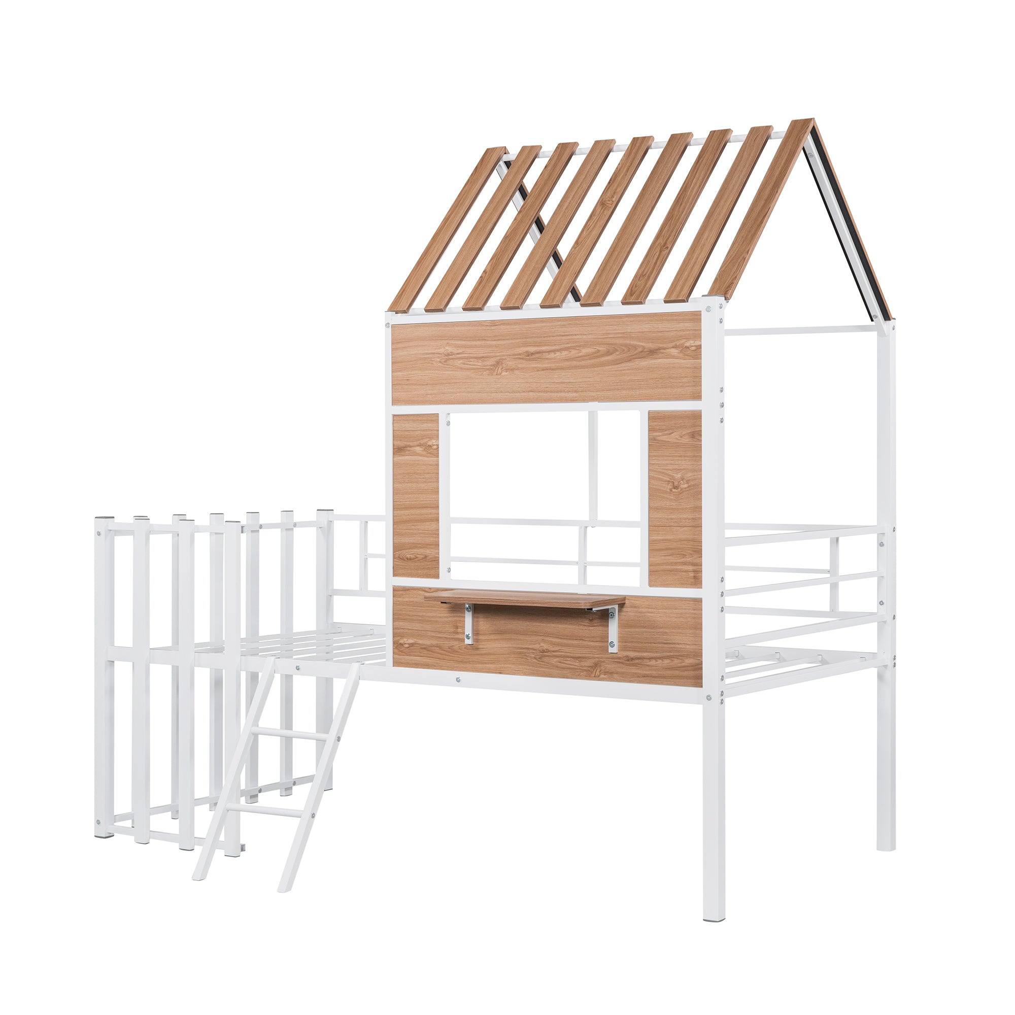 Metal Twin size Loft Bed with Roof, Window, Guardrail, Ladder White