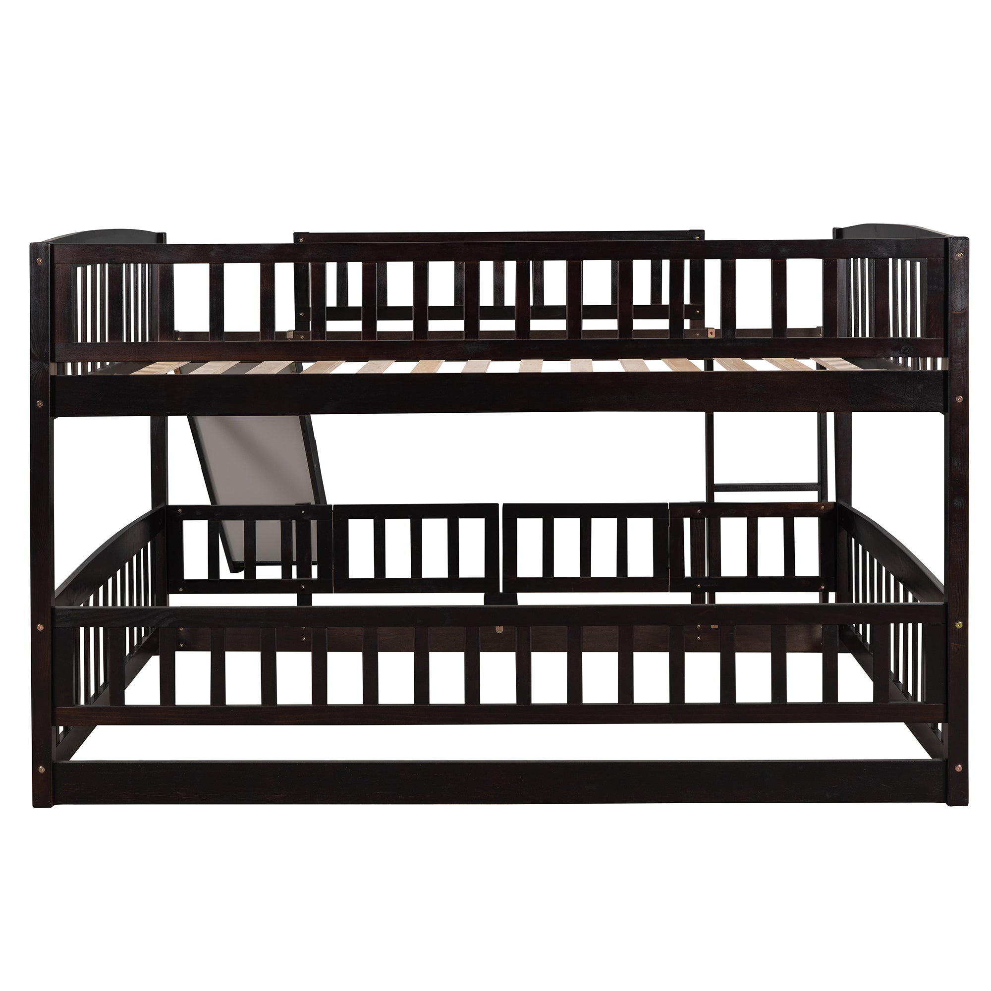 Bunk Bed with Slide,Full Over Full Low Bunk Bed with Fence and Ladder for Toddler Kids Teens Espresso