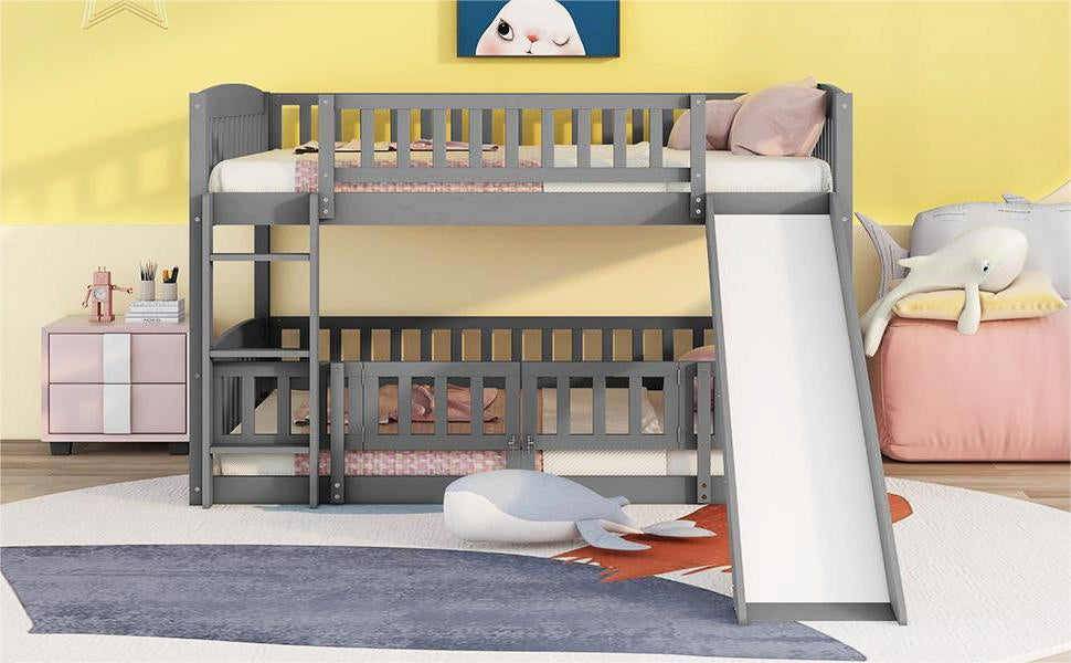 Bunk Bed with Slide,Full Over Full Low Bunk Bed with Fence and Ladder for Toddler Kids Teens Gray