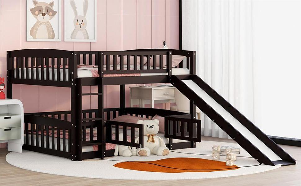 Bunk Bed with Slide,Full Over Full Low Bunk Bed with Fence and Ladder for Toddler Kids Teens Espresso