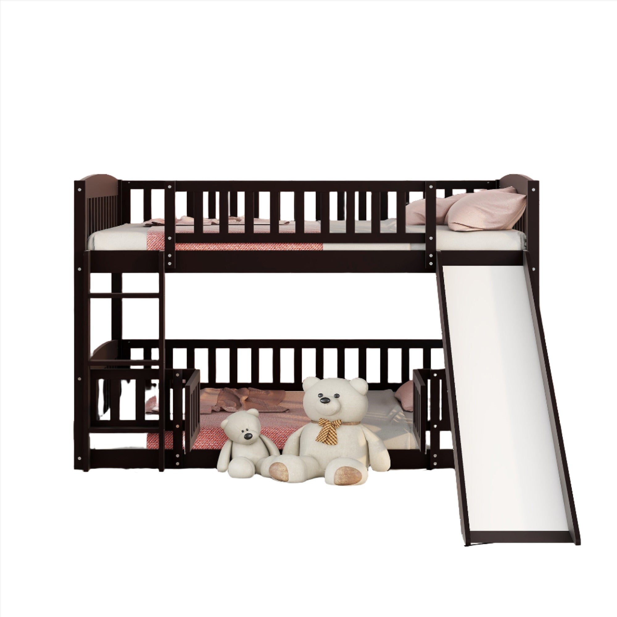 Bunk Bed with Slide,Full Over Full Low Bunk Bed with Fence and Ladder for Toddler Kids Teens Espresso