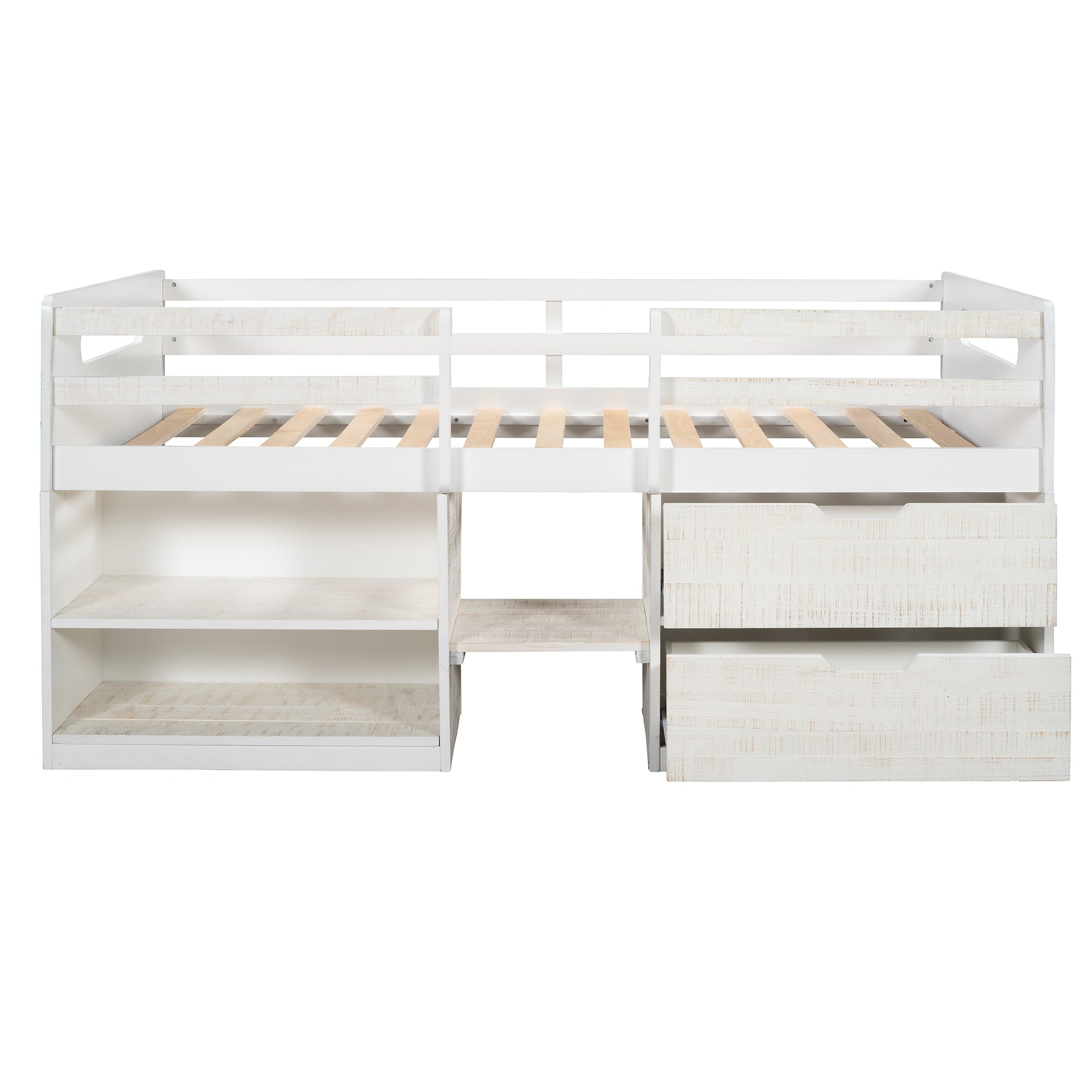 Twin size Loft Bed with Two Shelves and Two drawers (Antique White)