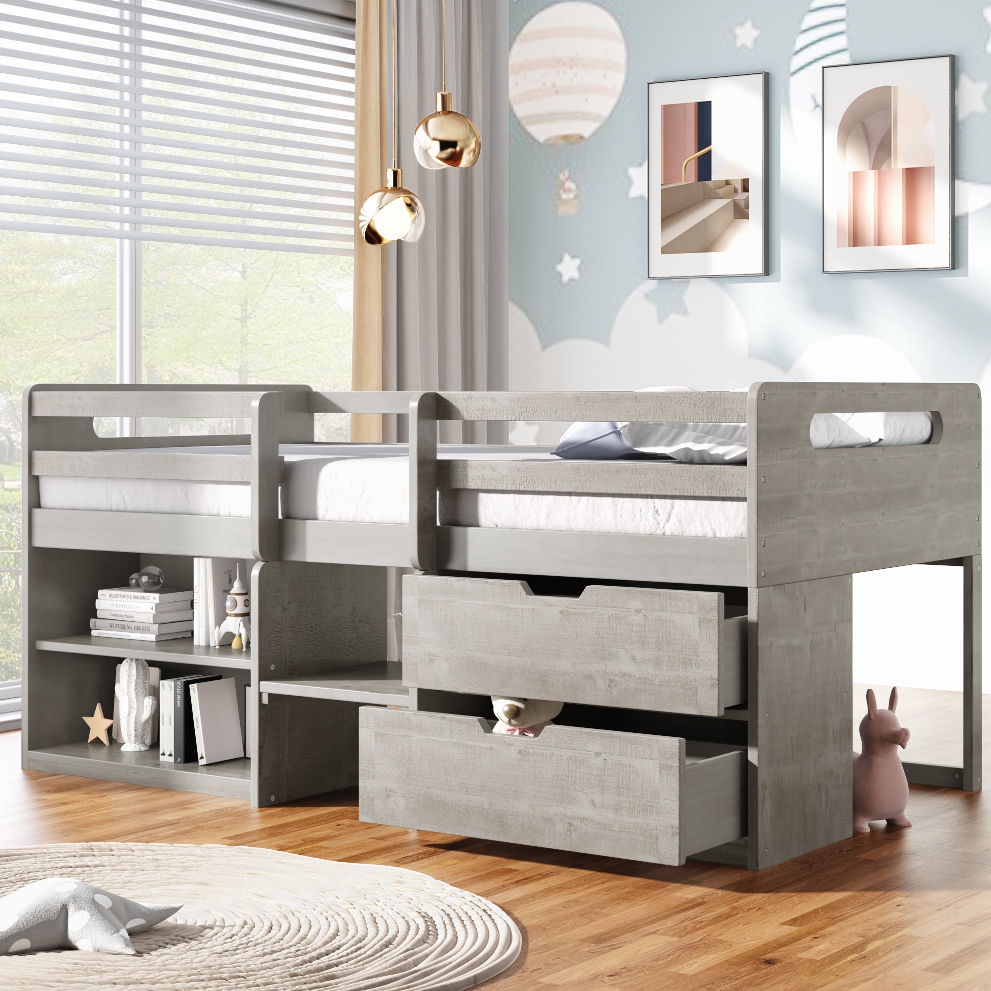 Twin size Loft Bed with Two Shelves and Two drawers (Antique Gray)