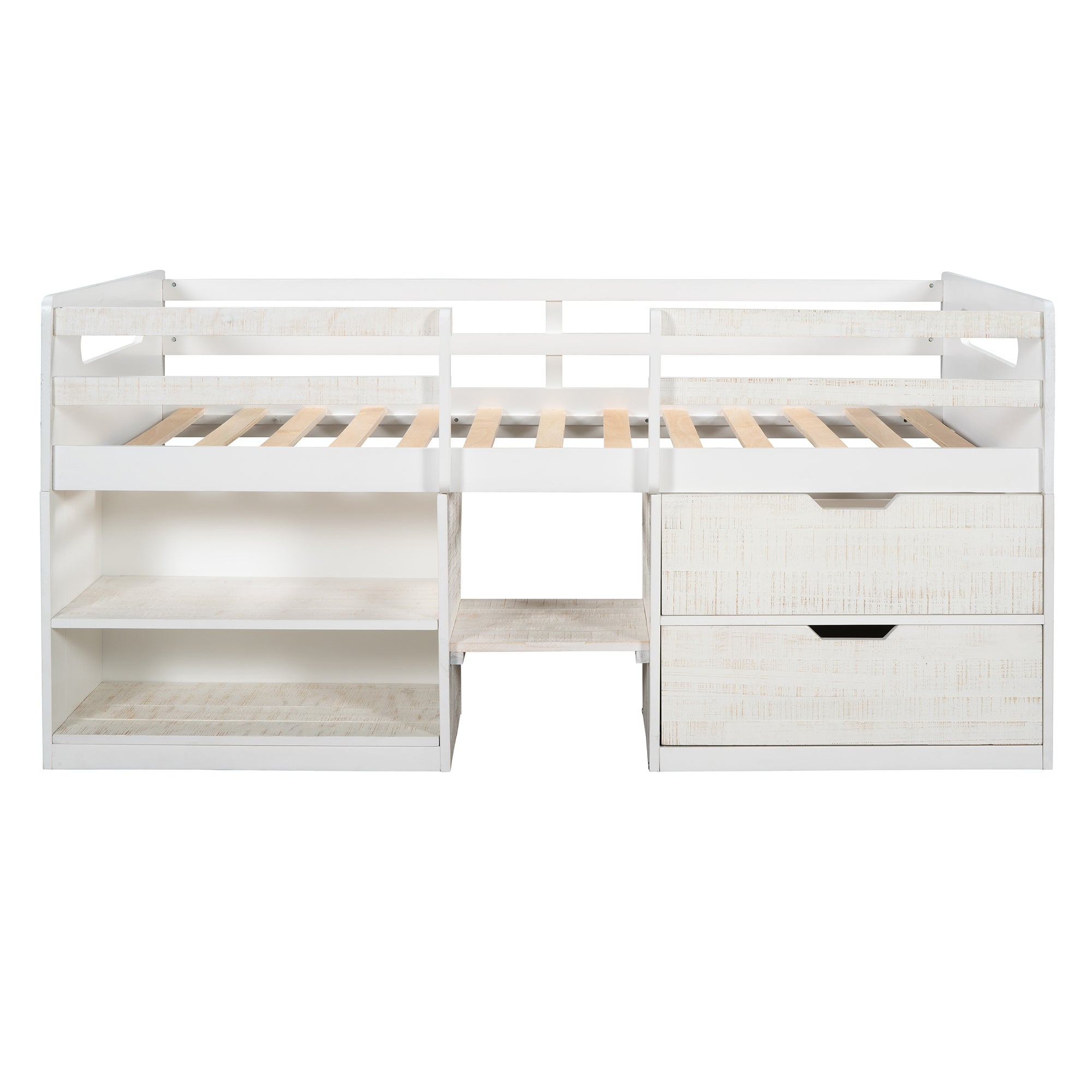 Twin size Loft Bed with Two Shelves and Two drawers (Antique White)