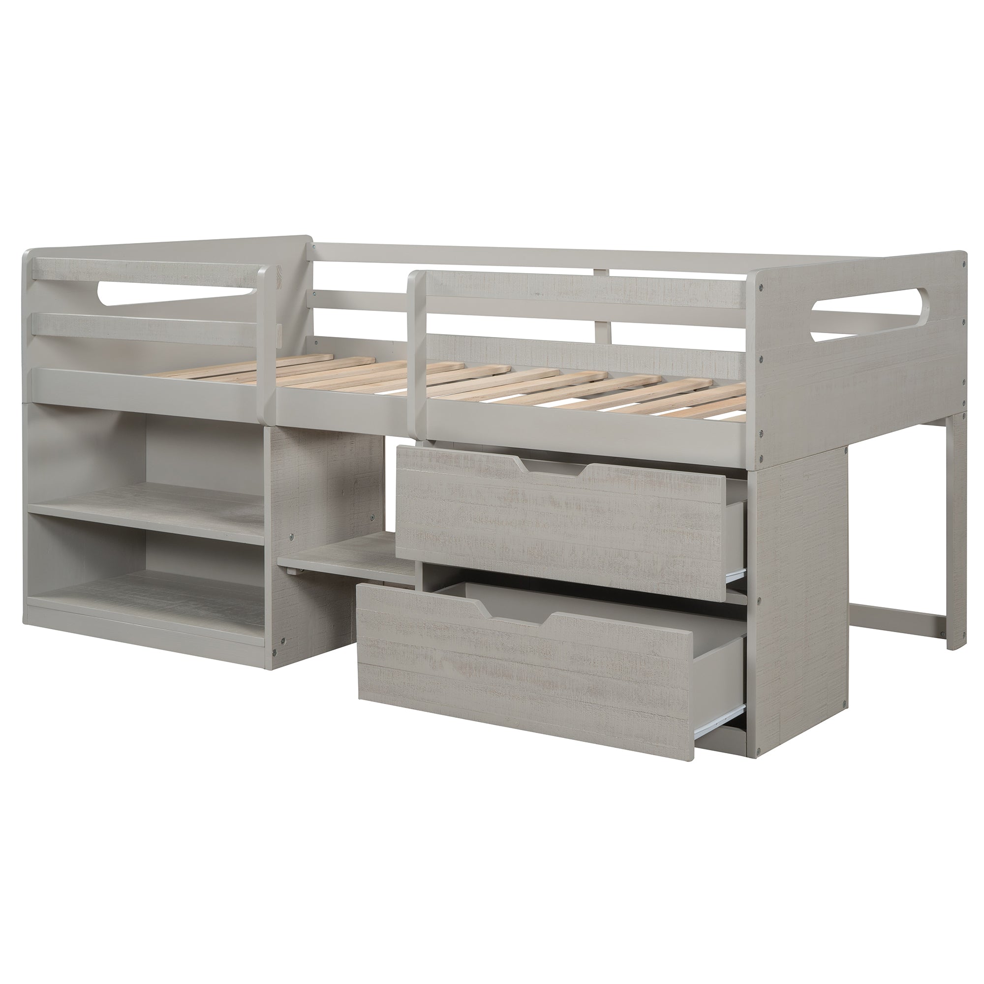 Twin size Loft Bed with Two Shelves and Two drawers (Antique Gray)