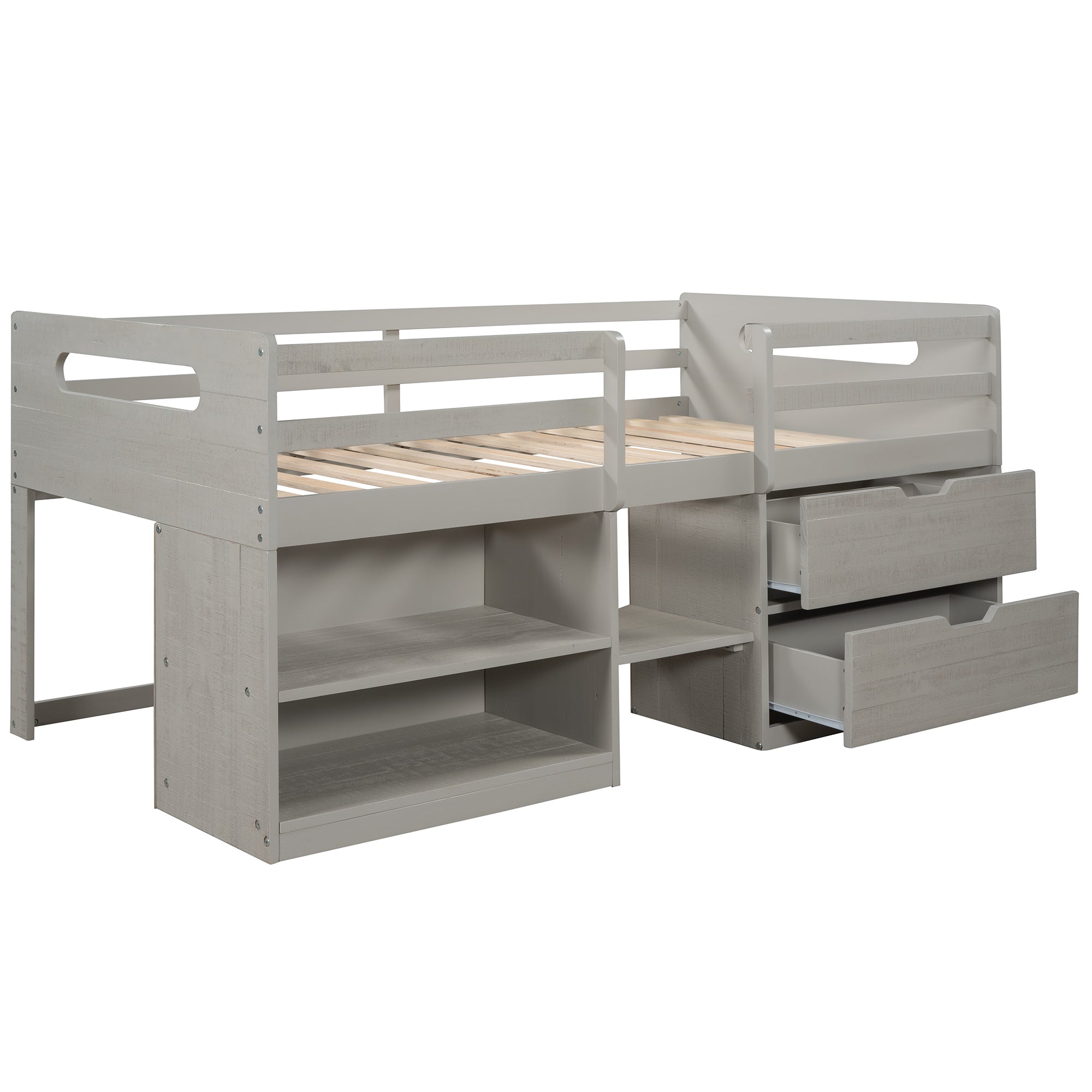 Twin size Loft Bed with Two Shelves and Two drawers (Antique Gray)