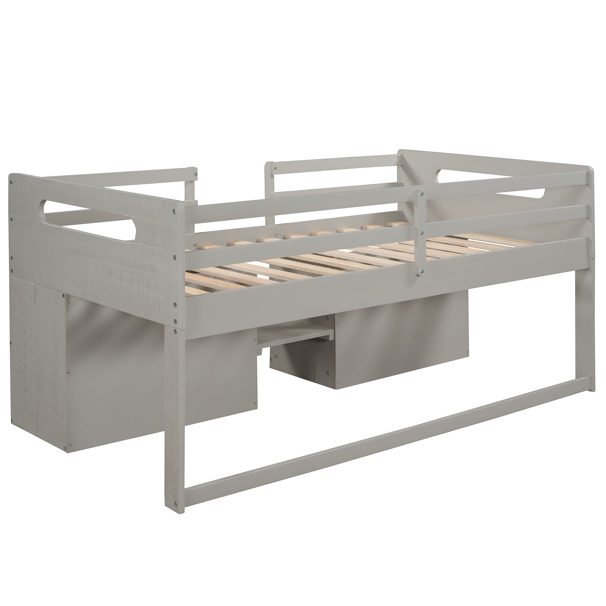 Twin size Loft Bed with Two Shelves and Two drawers (Antique Gray)