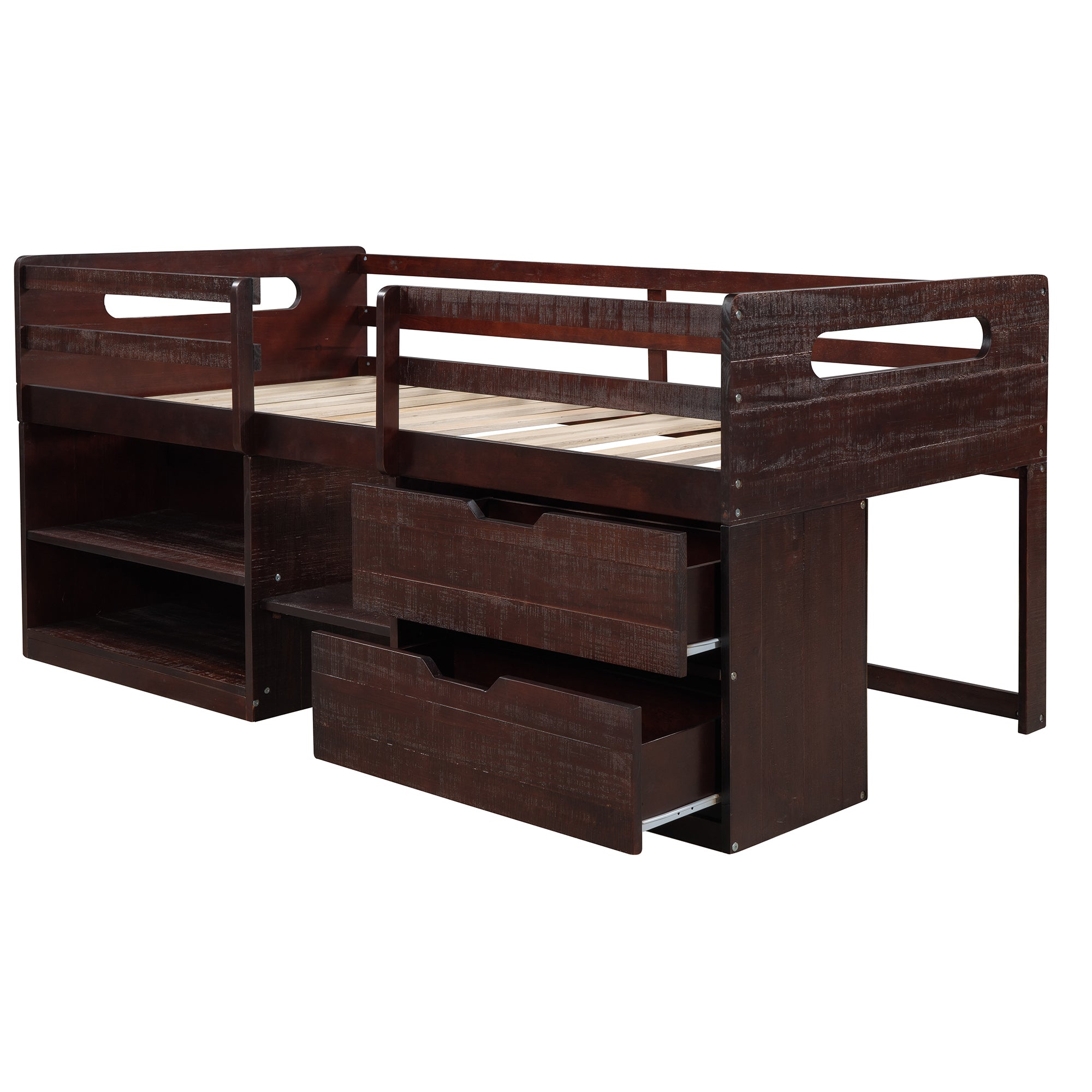 Twin size Loft Bed with Two Shelves and Two drawers (Antique Espresso)