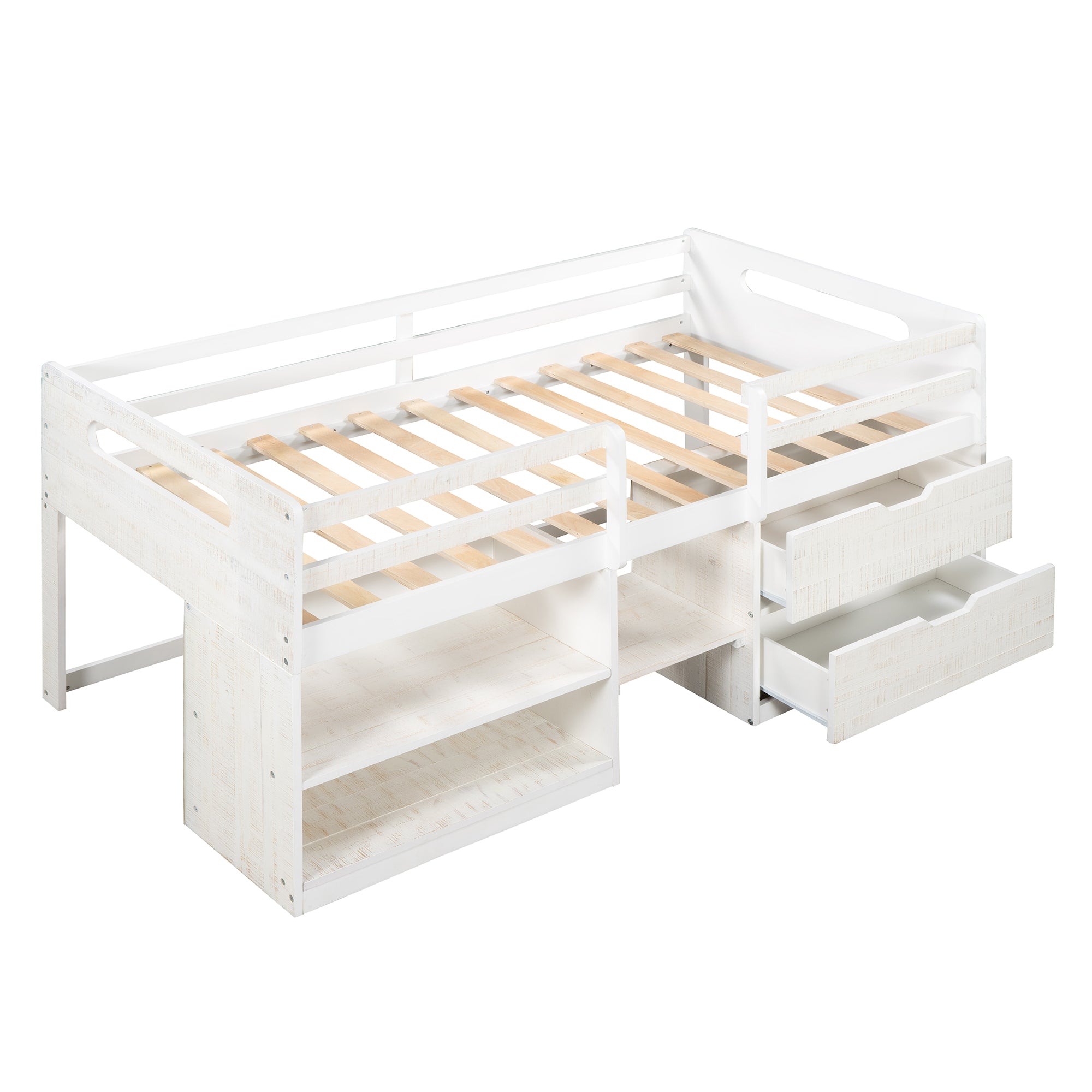 Twin size Loft Bed with Two Shelves and Two drawers (Antique White)