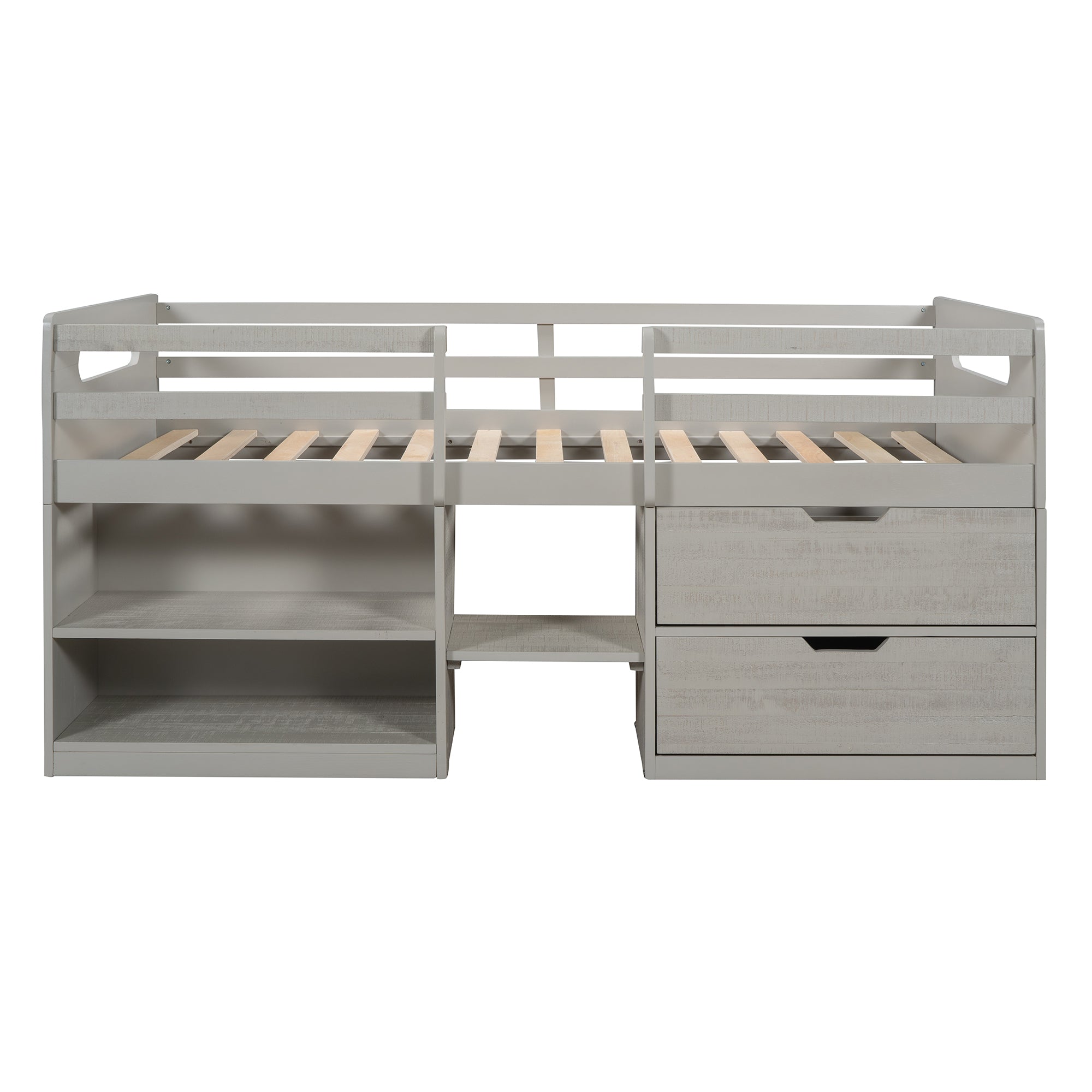 Twin size Loft Bed with Two Shelves and Two drawers (Antique Gray)