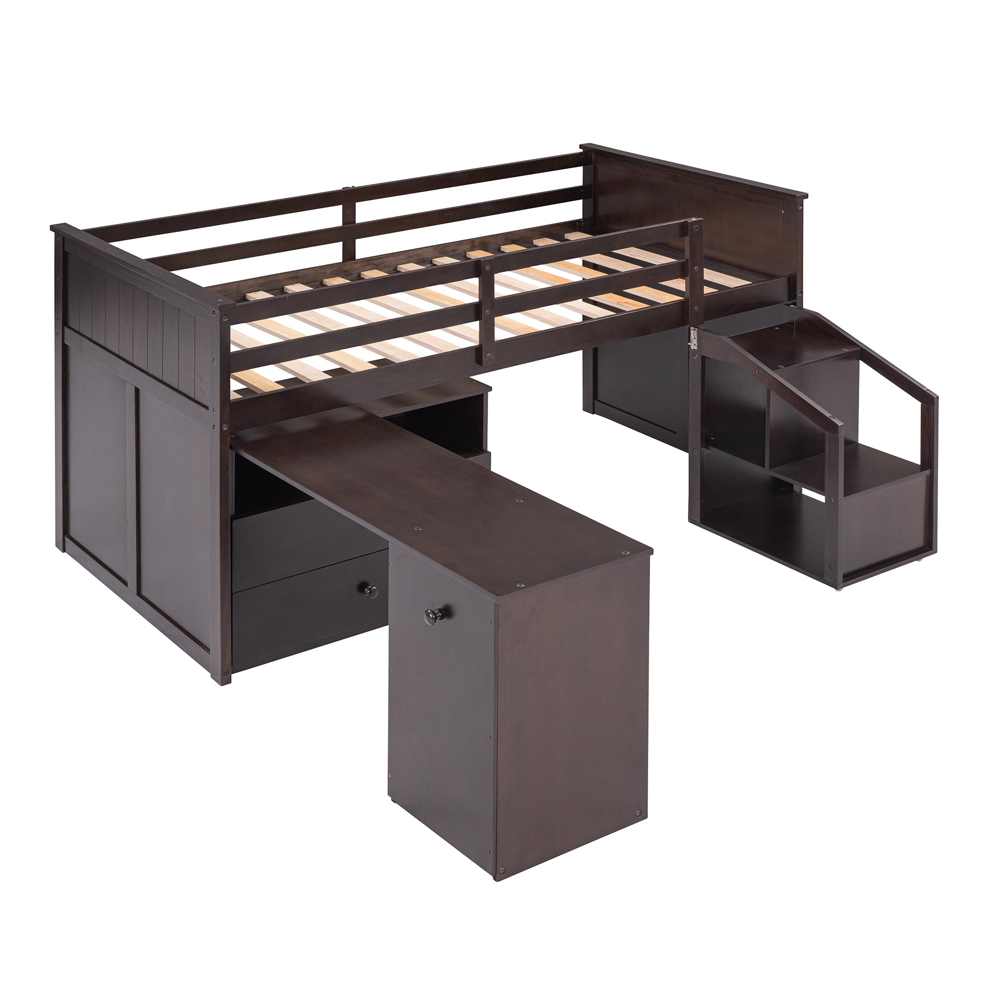 Loft Bed Low Study Twin Size Loft Bed With Storage Steps and Portable,Desk,Espresso