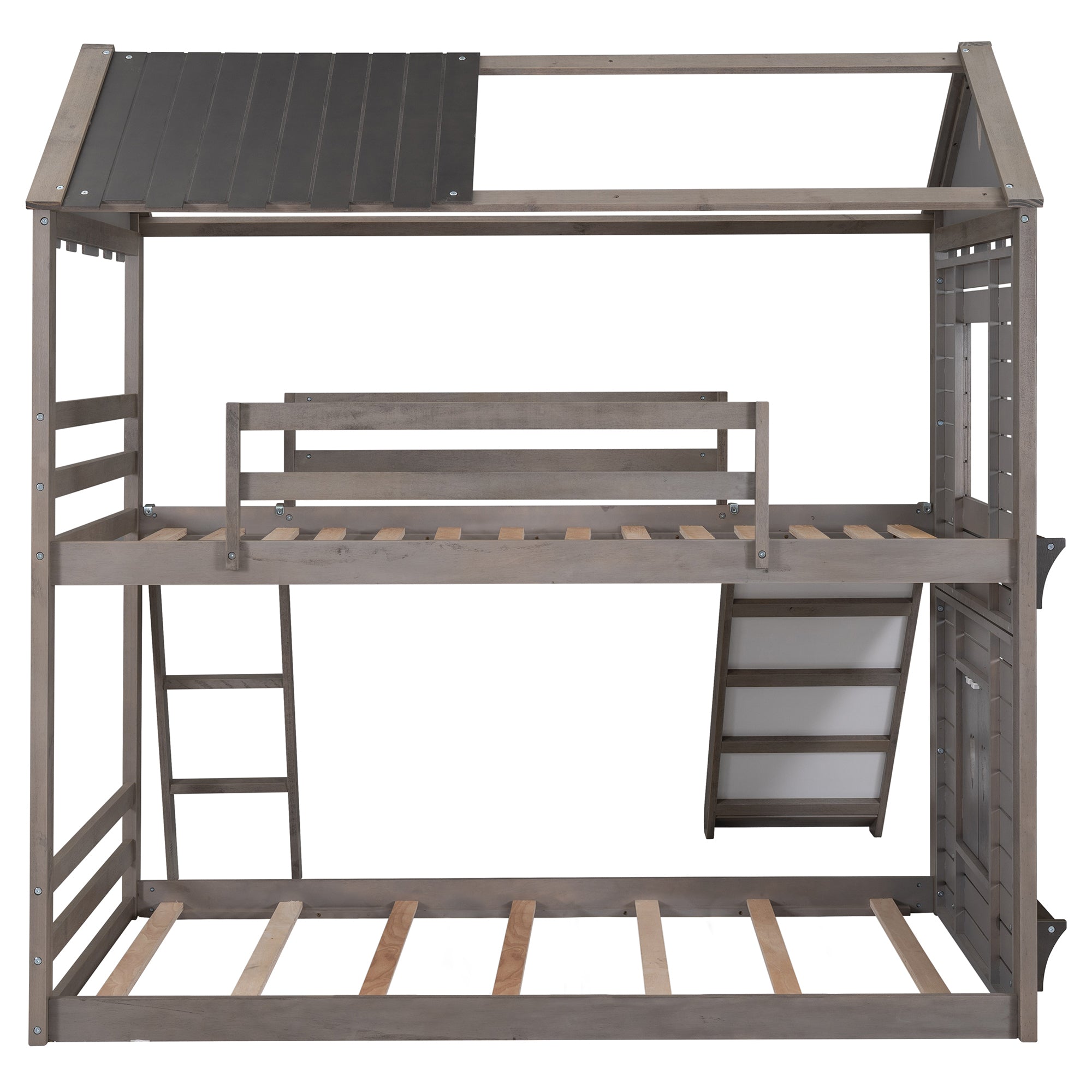 Twin Over Twin Bunk Bed Wood Bed with Roof, Window, Slide, Ladder ,Antique Gray