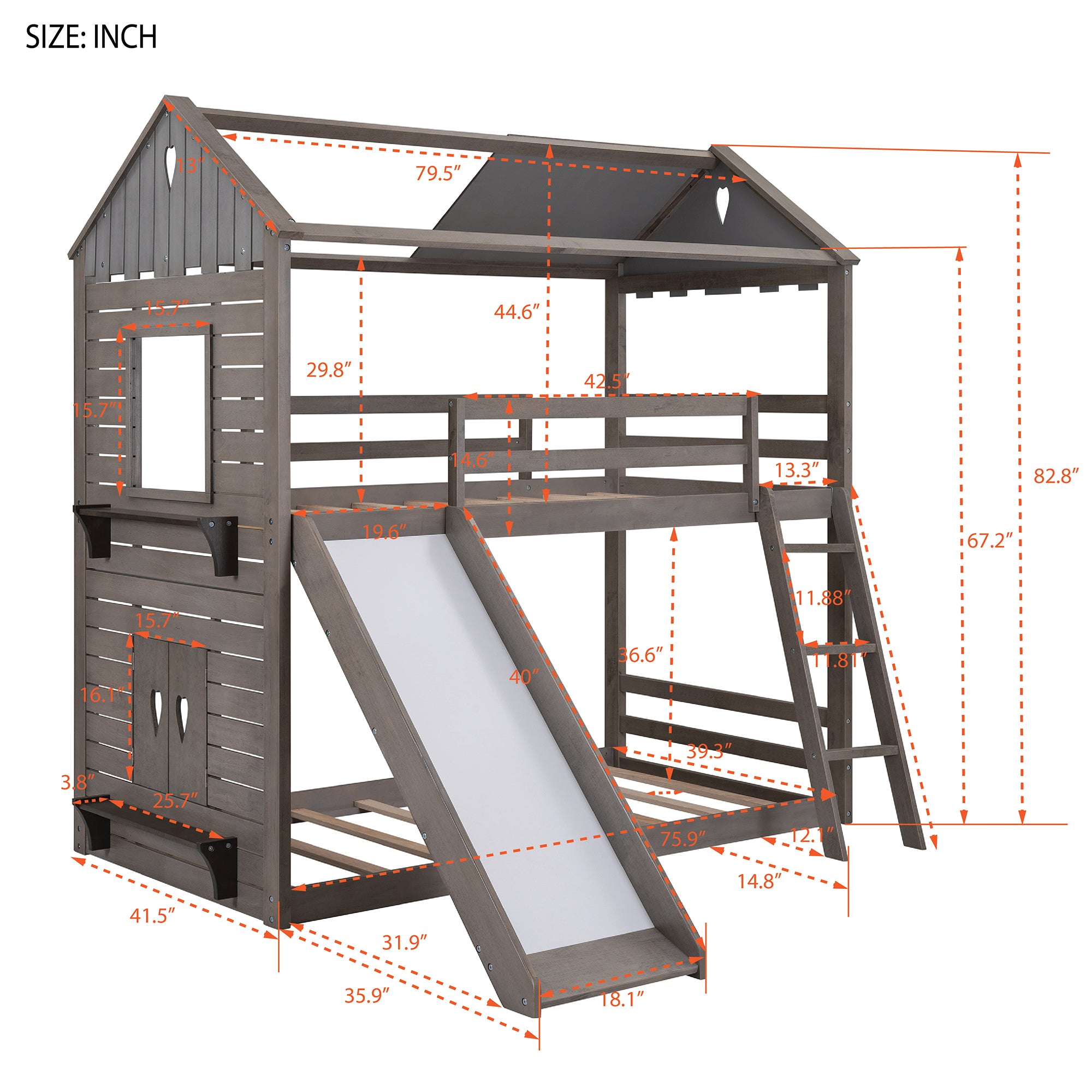 Twin Over Twin Bunk Bed Wood Bed with Roof, Window, Slide, Ladder ,Antique Gray