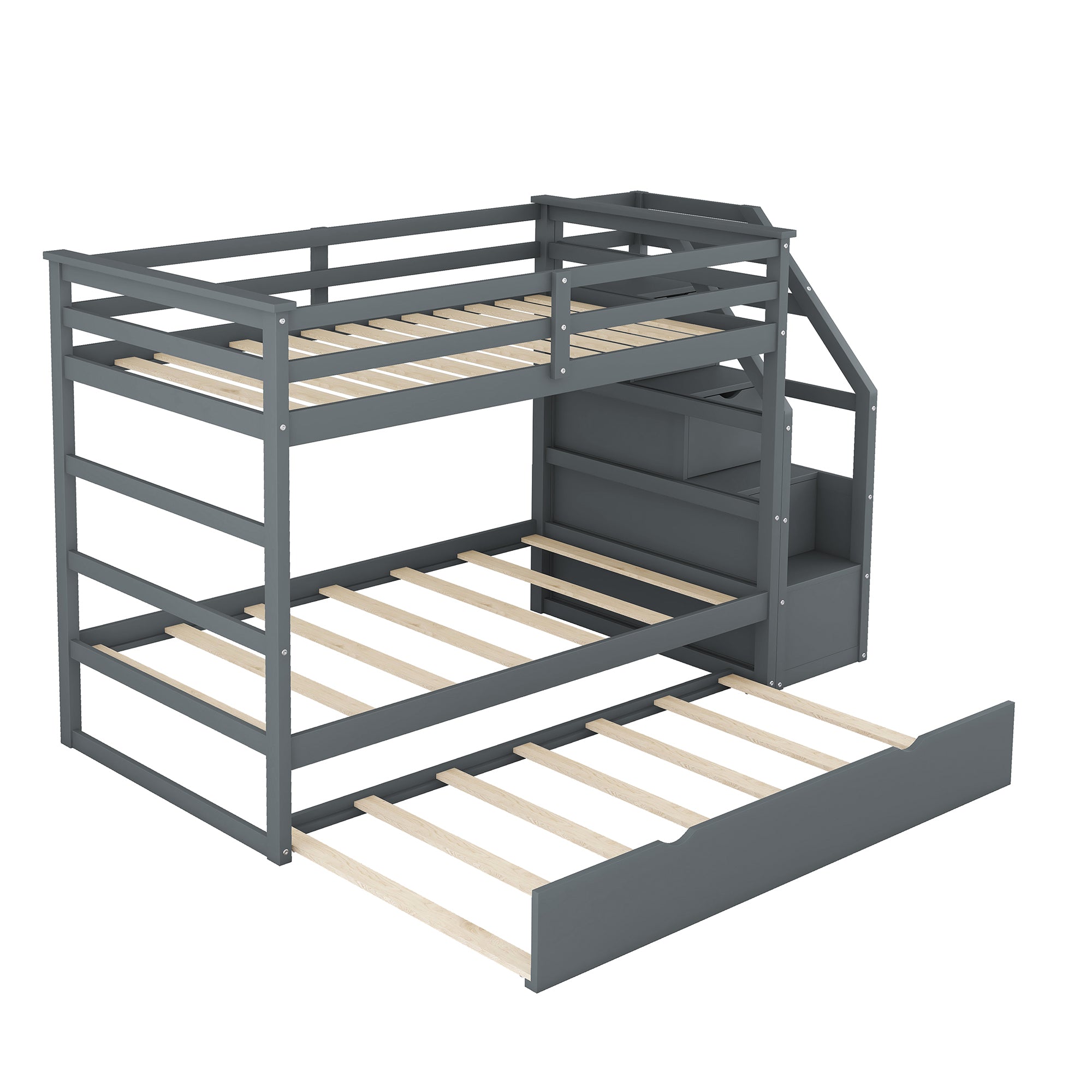 Twin-Over-Twin Bunk Bed with Twin Size Trundle and 3 Storage Stairs,Gray