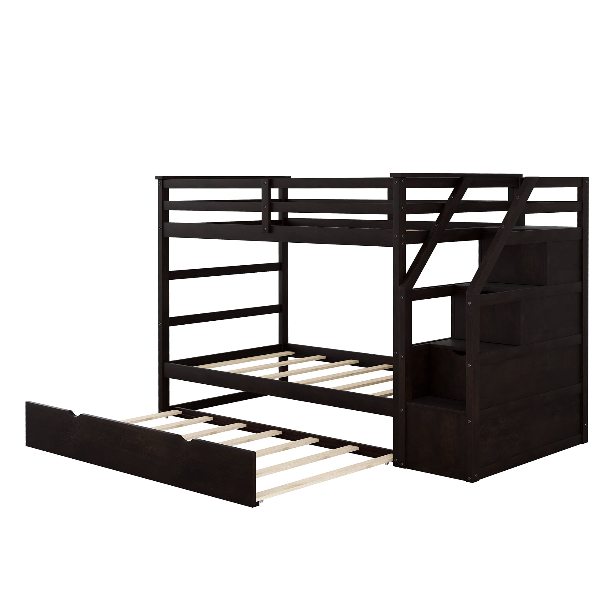 Twin-Over-Twin Bunk Bed with Twin Size Trundle and 3 Storage Stairs,Espresso