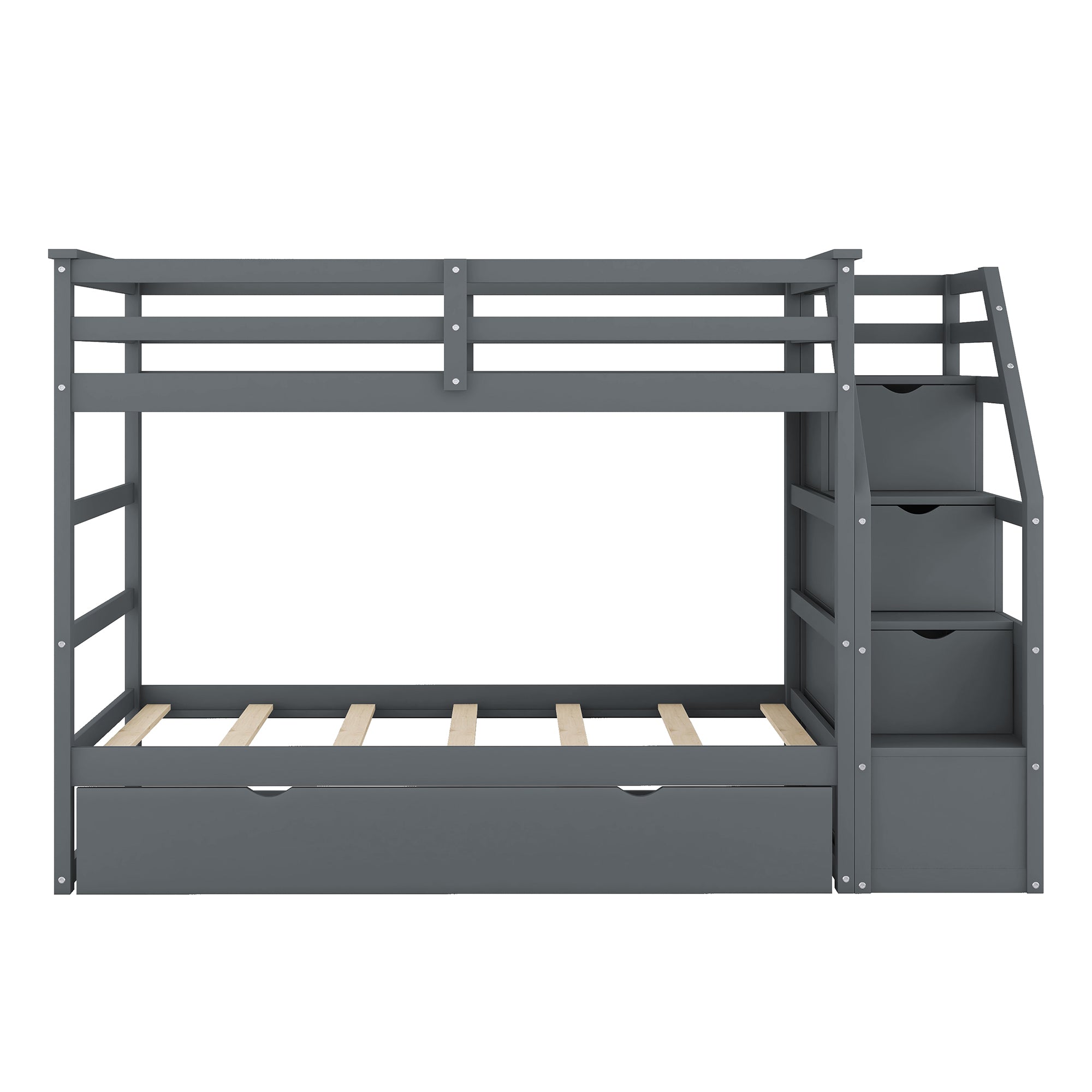 Twin-Over-Twin Bunk Bed with Twin Size Trundle and 3 Storage Stairs,Gray