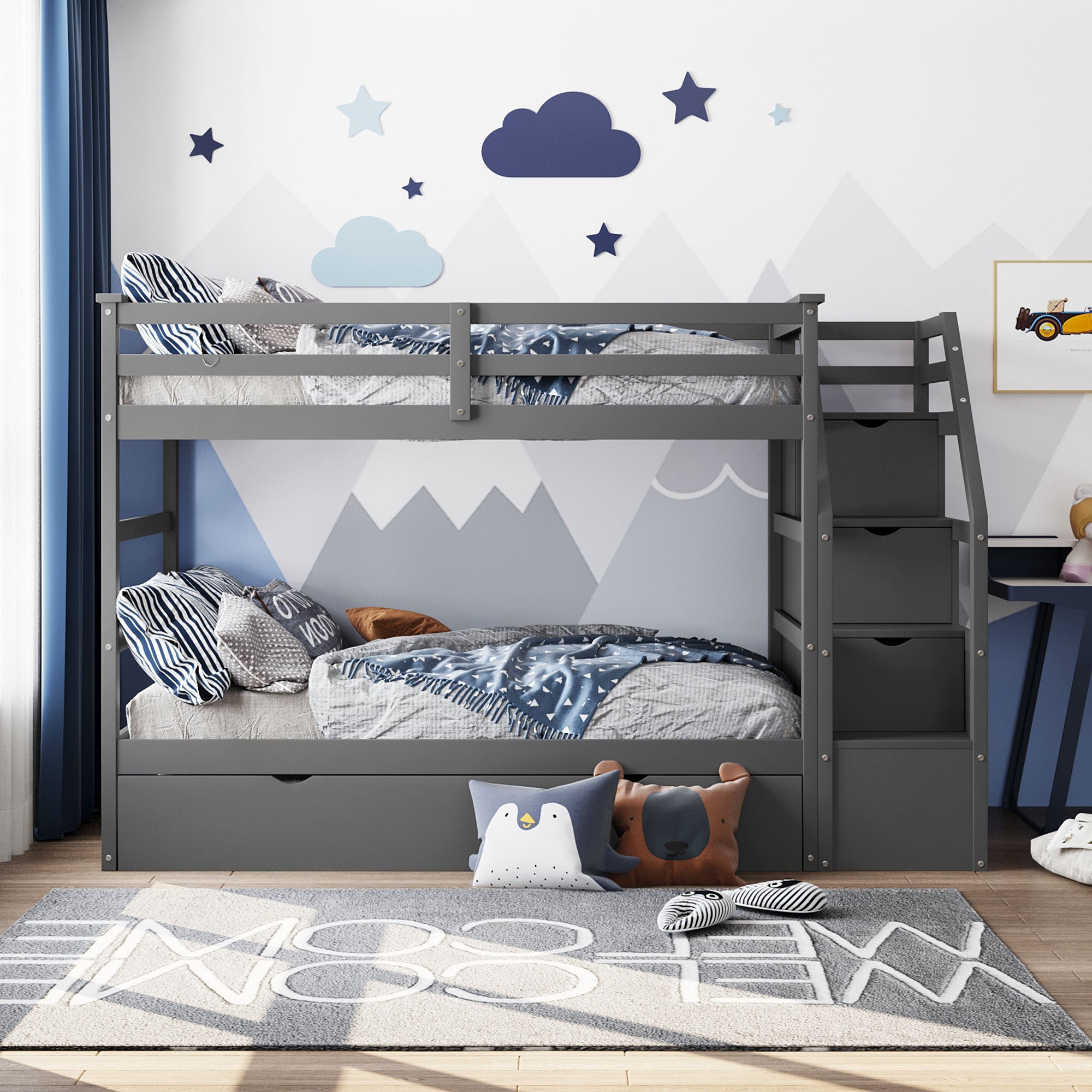 Twin-Over-Twin Bunk Bed with Twin Size Trundle and 3 Storage Stairs,Gray