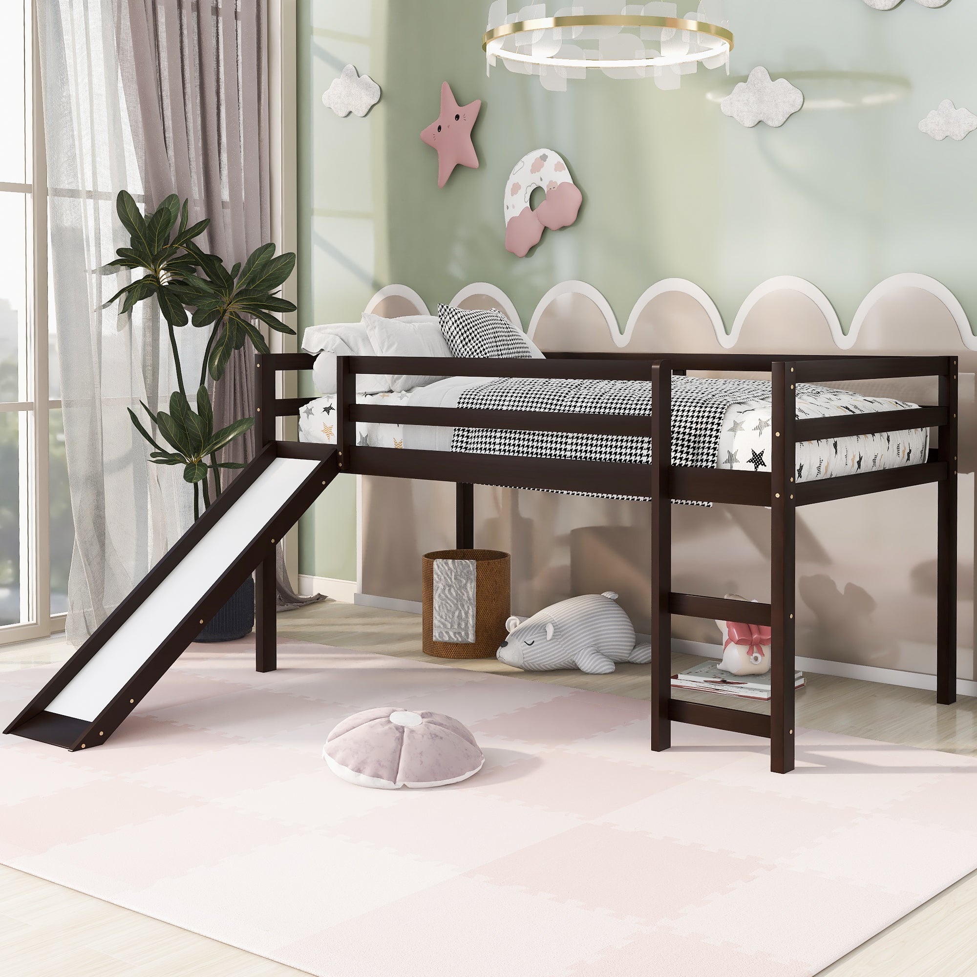 Loft Bed with Slide, Multifunctional Design, Twin (Espresso)