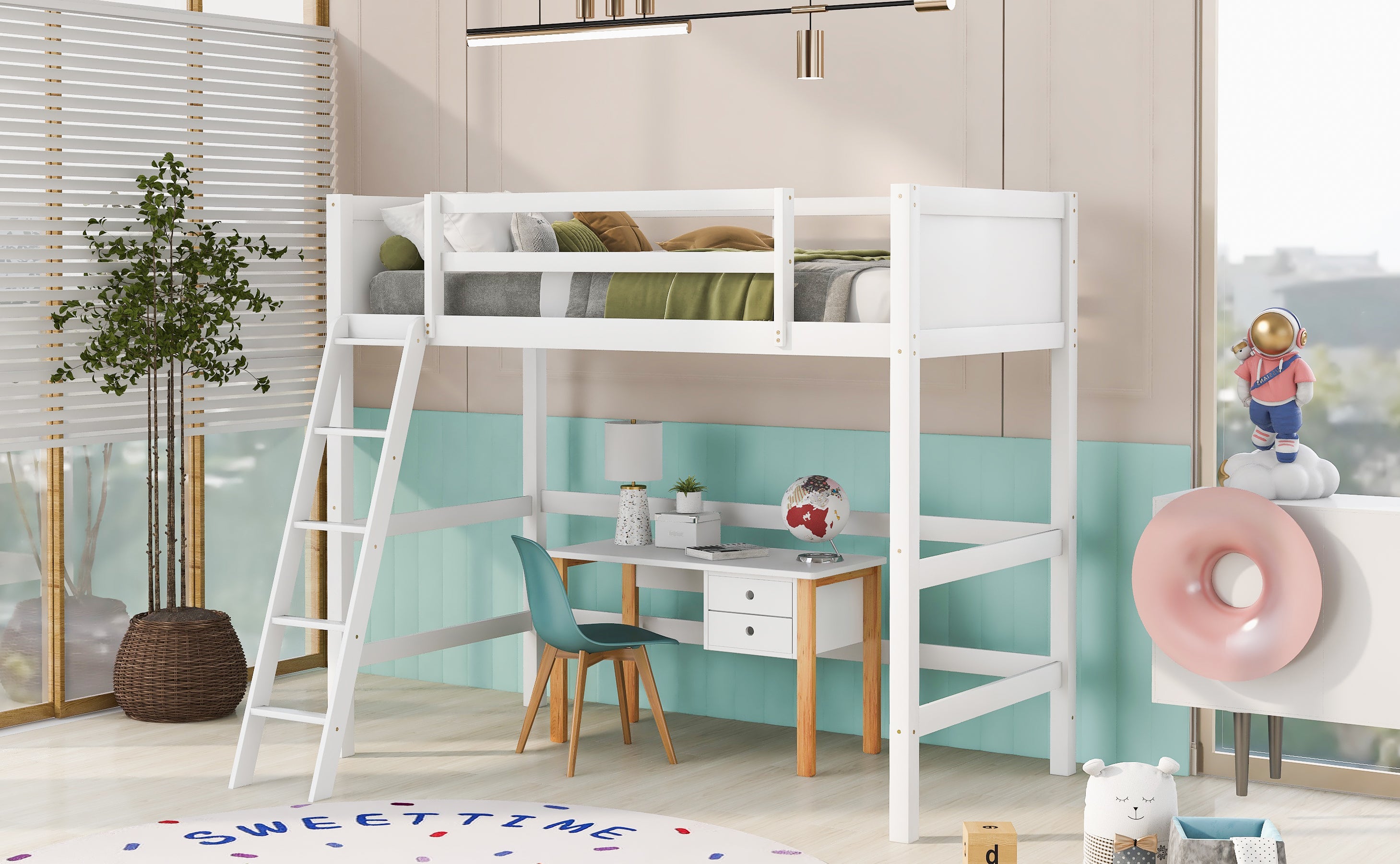 Solid Wood Twin Size Loft Bed with Ladder(White)