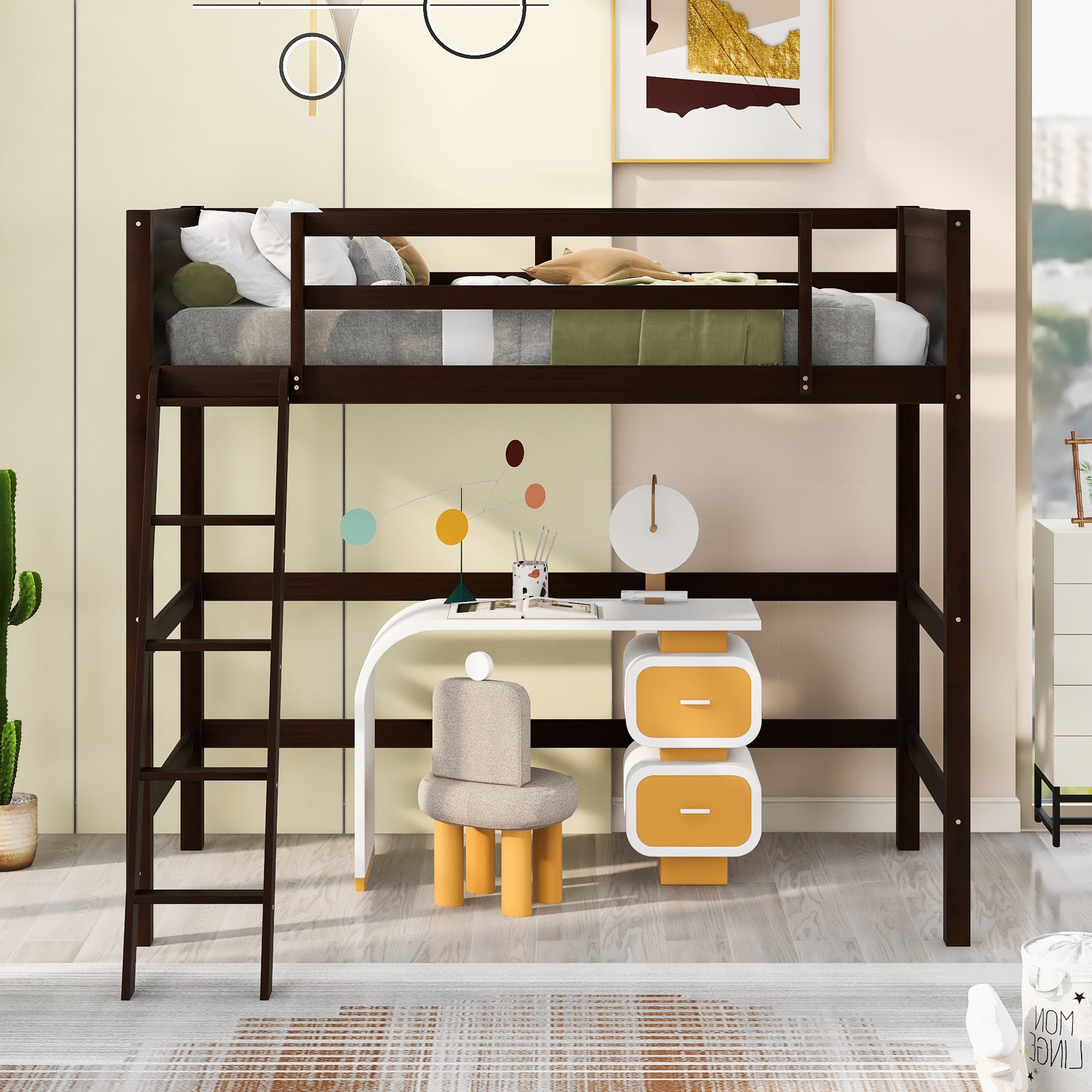 Solid Wood Twin Size Loft Bed with Ladder(Espresso)