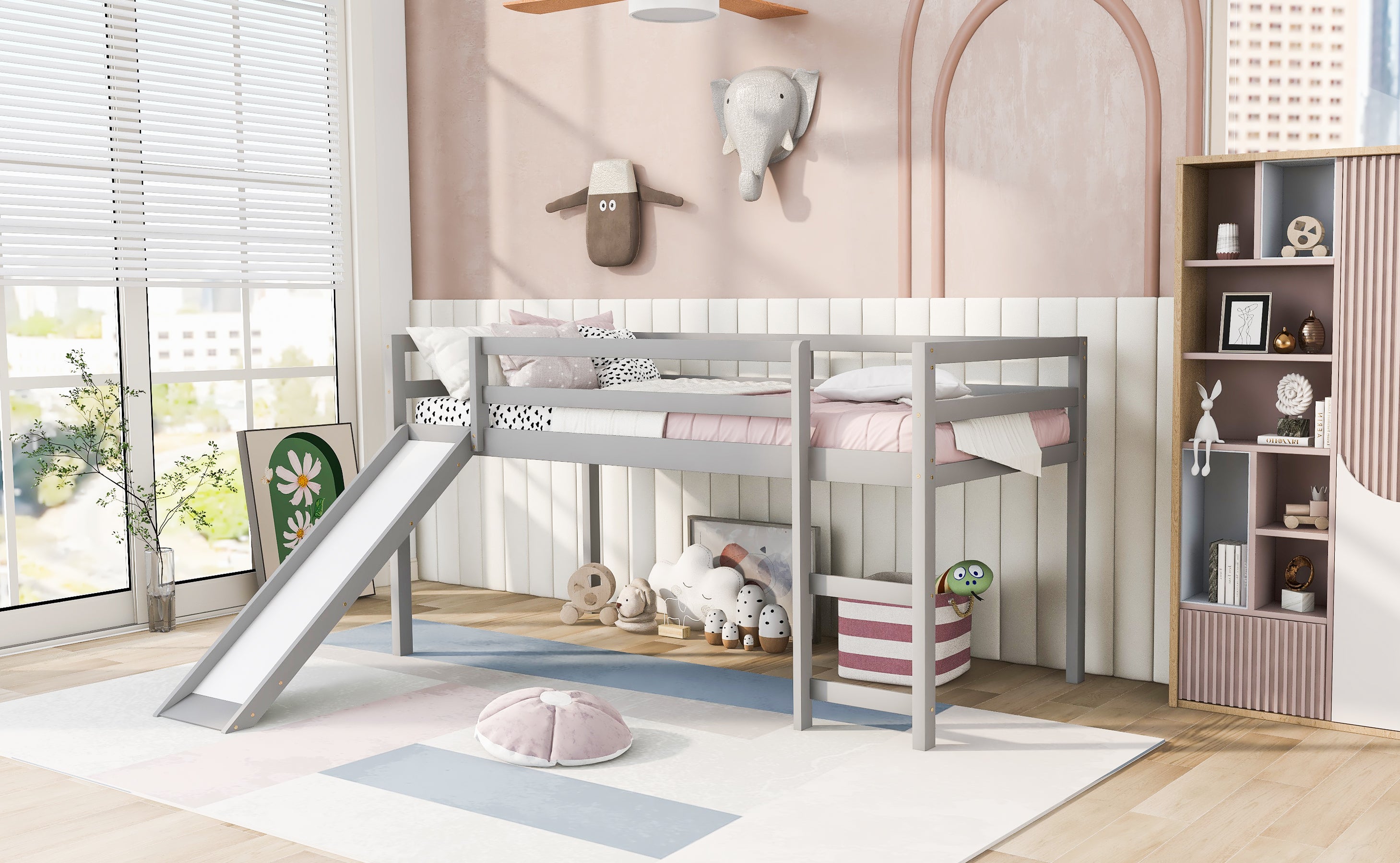 Loft Bed with Slide, Multifunctional Design, Twin (Gray)