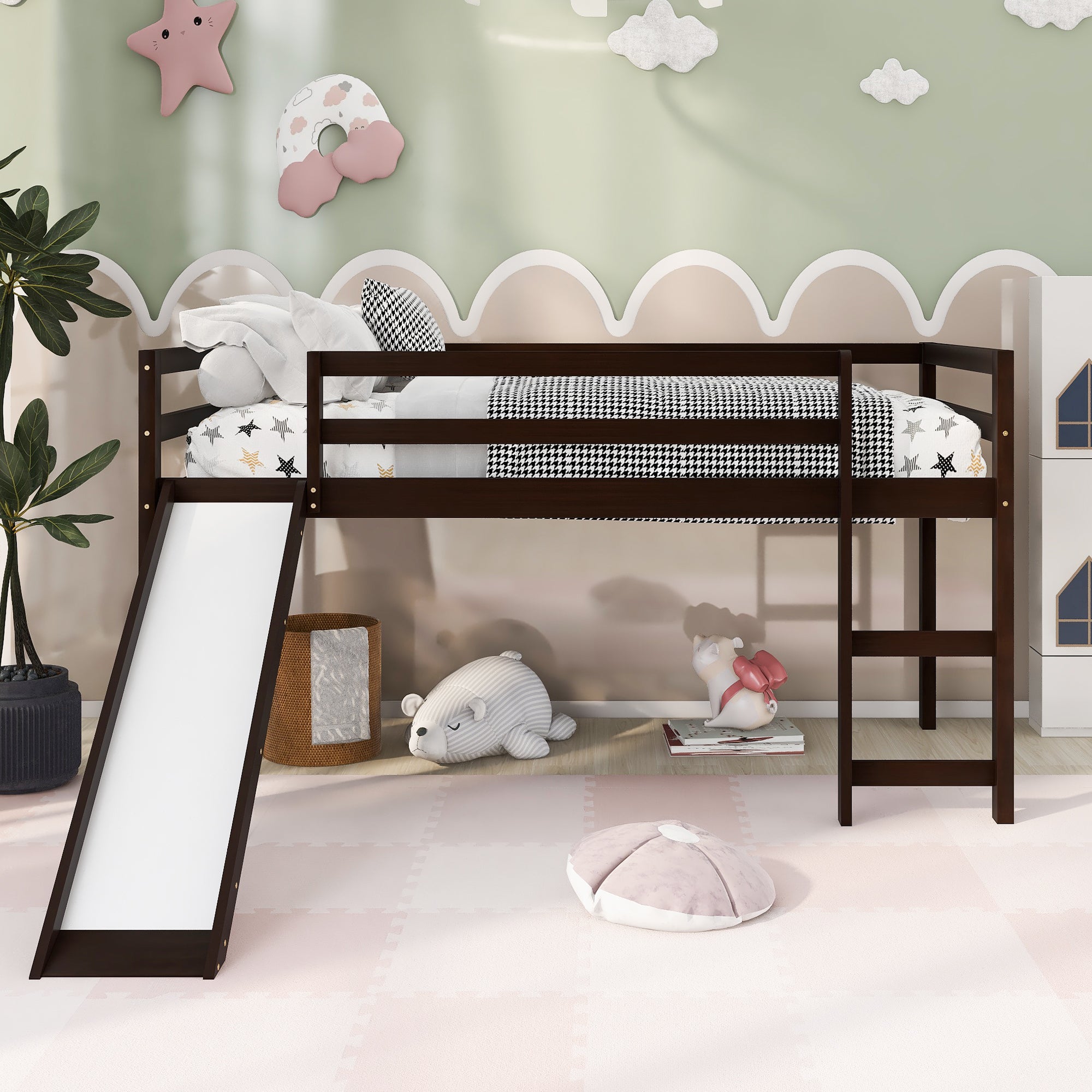 Loft Bed with Slide, Multifunctional Design, Twin (Espresso)