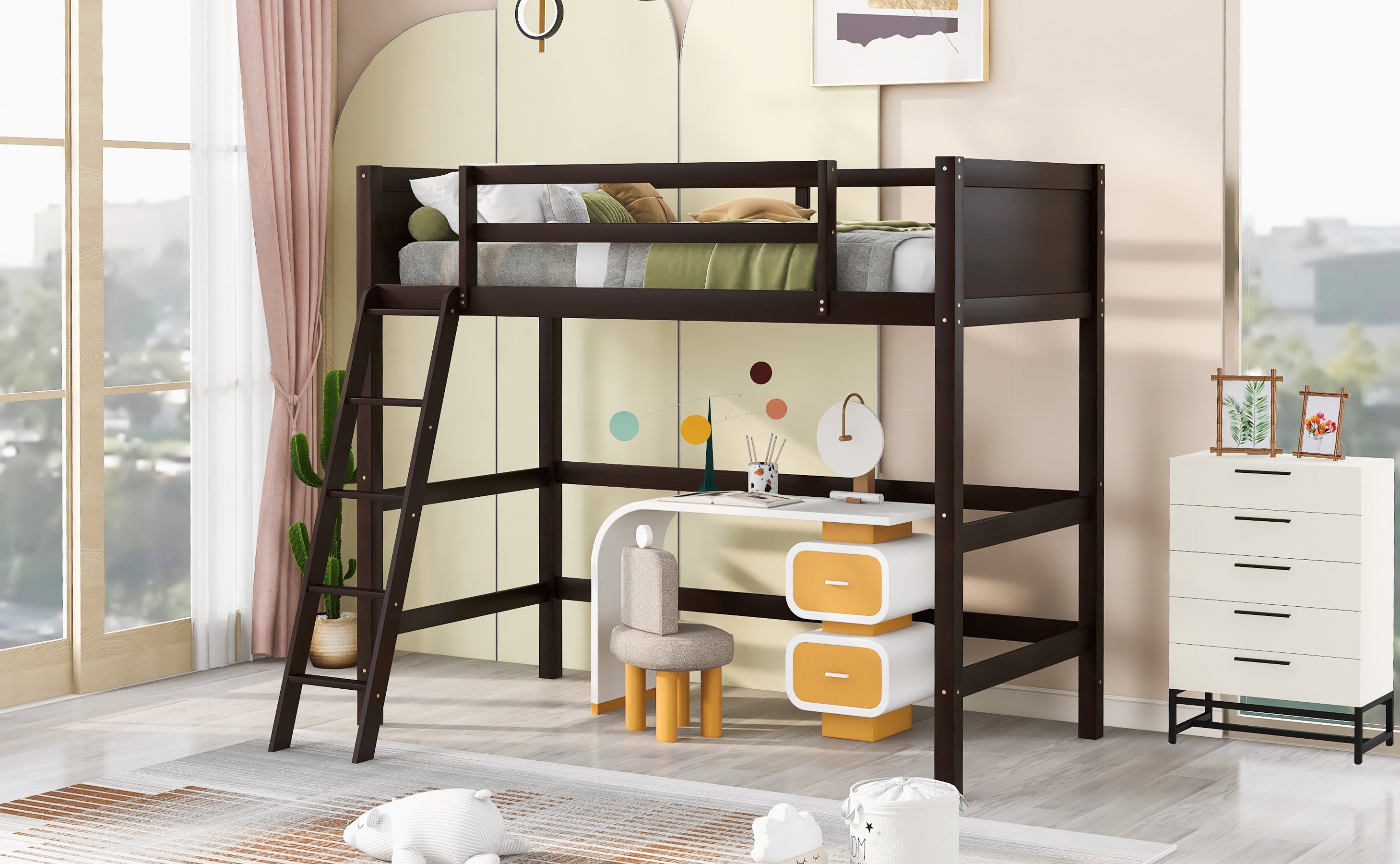 Solid Wood Twin Size Loft Bed with Ladder(Espresso)